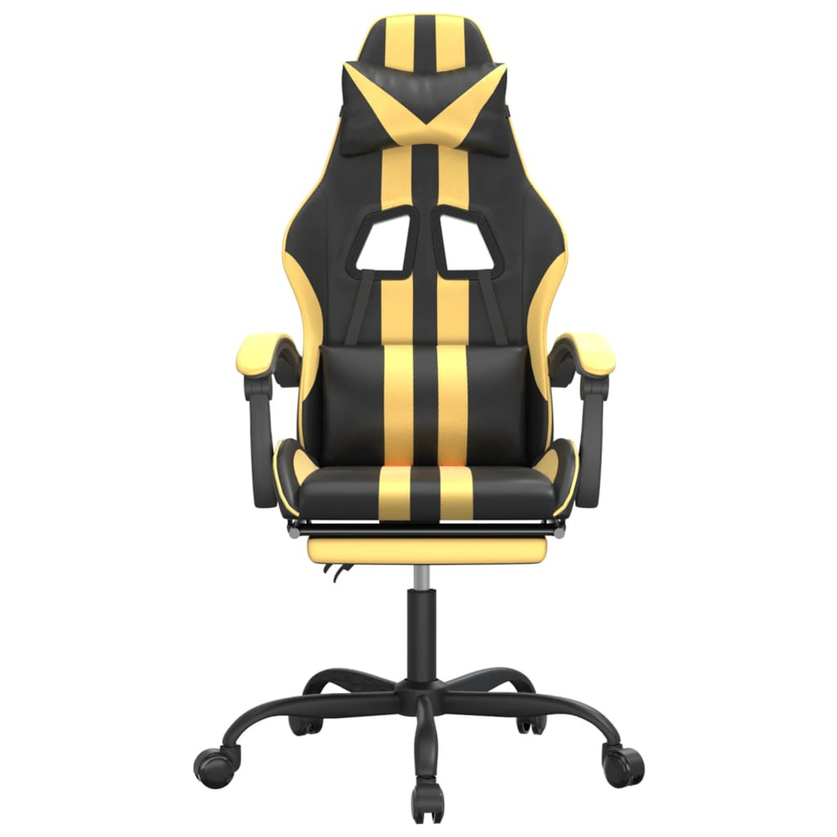 Ein schwarzer Gaming-Stuhl mit gelben Streifen, der Kopfstütze, Rücken, Armlehnen und Beinauflage zeigt.