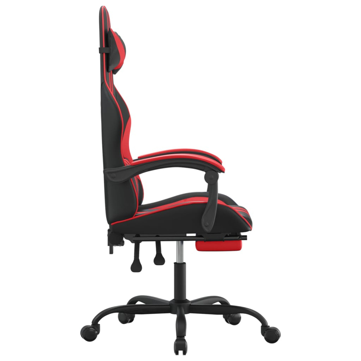 Seitenansicht eines rot-schwarzen Gaming-Stuhls mit Rädern, auf weißem Hintergrund.