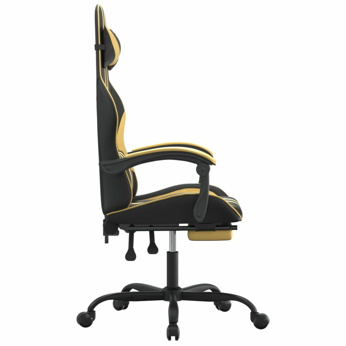 Schwarzer Gaming-Stuhl mit goldenen Akzenten, Seitenansicht. Mit Kopfstütze, Armlehnen und Rollen.