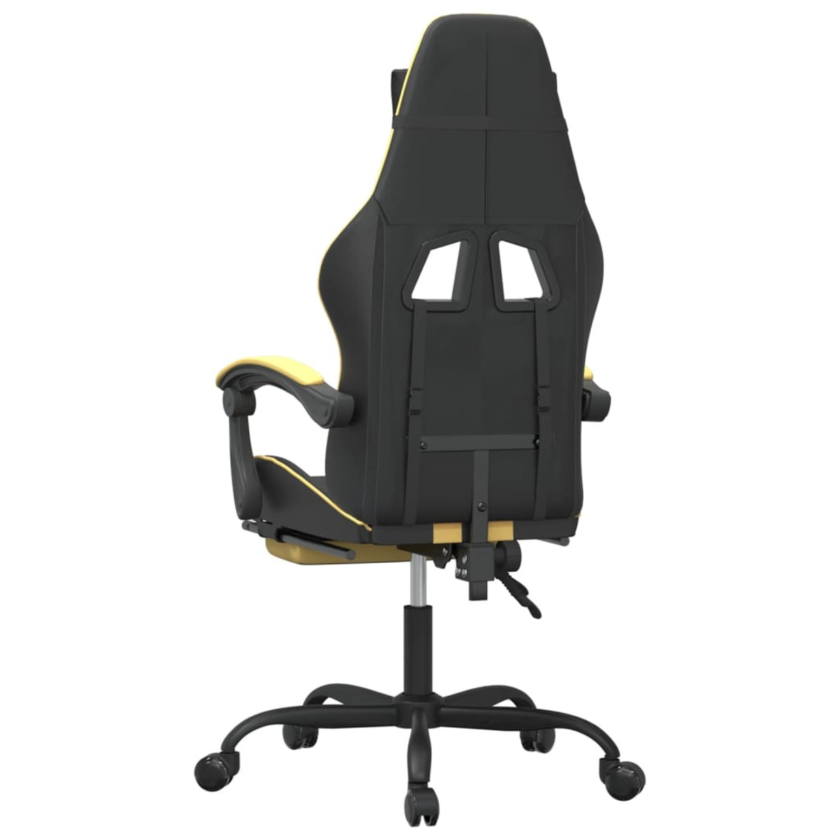Gaming-Stuhl, Rückansicht. Schwarz und gelb mit fünf Rädern. Verstellbare Armlehnen.