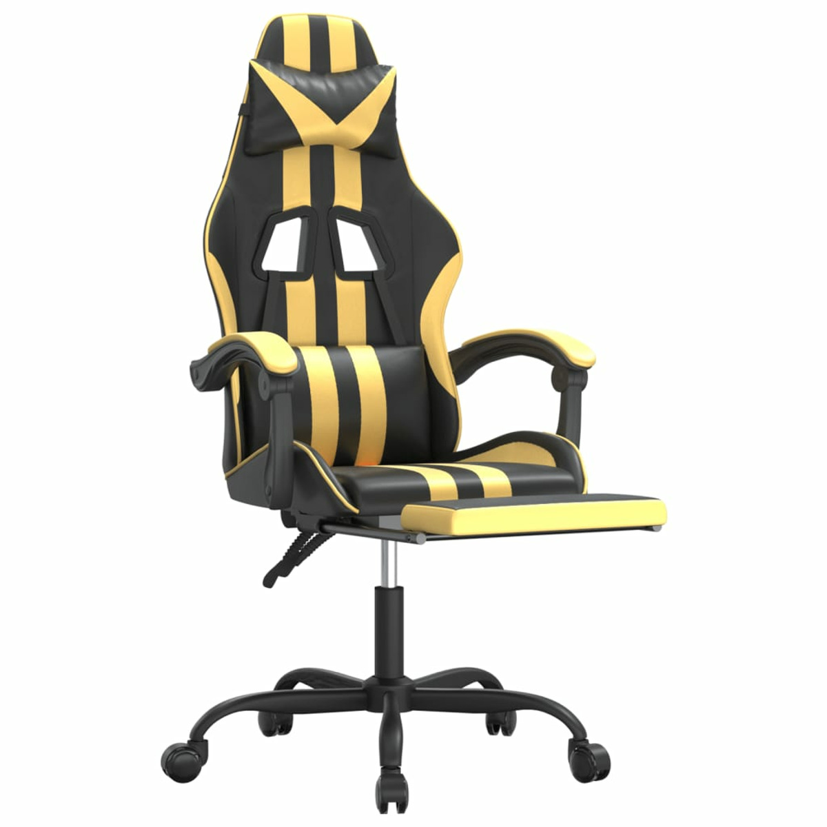 Ein schwarz-gelber Gaming-Stuhl mit Fußstütze. Weißer Hintergrund.