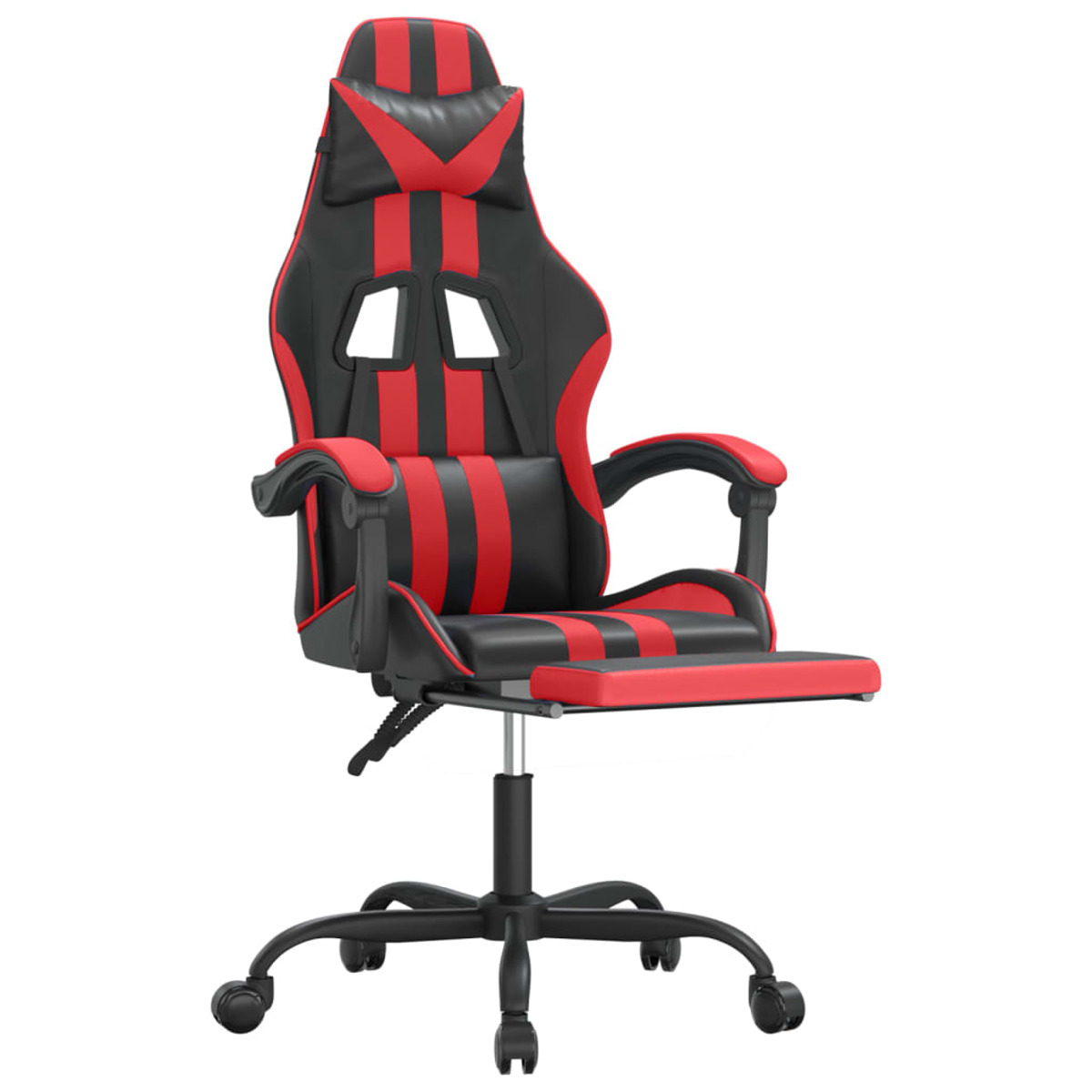 Gaming-Stuhl mit schwarzem und rotem Design. Er hat eine Kopfstütze, Armlehnen und eine Fußstütze.