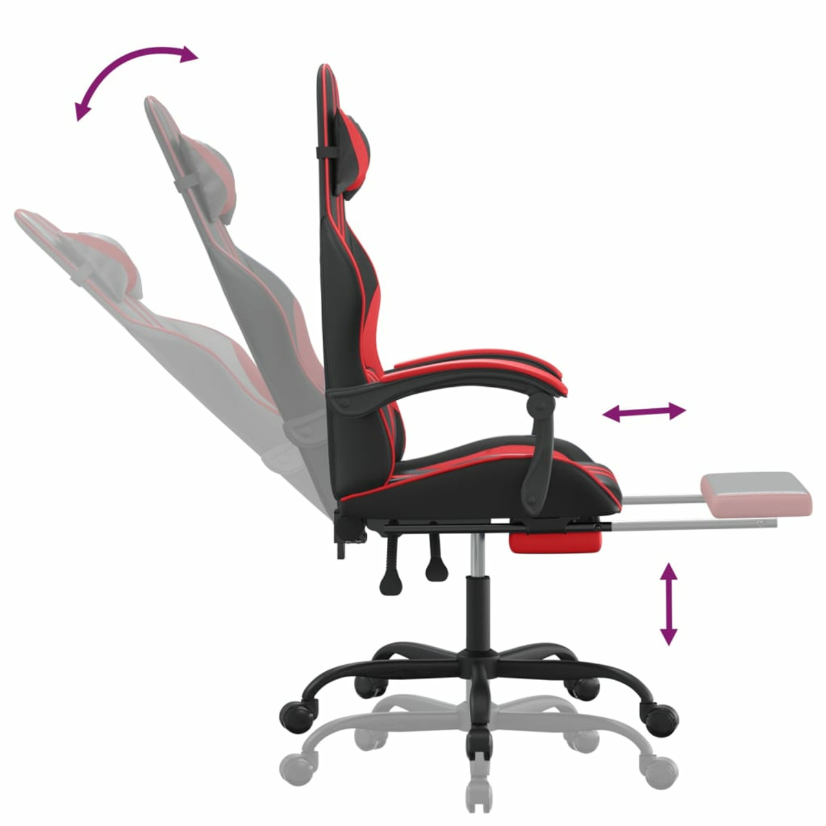Ein Gaming-Stuhl in Schwarz und Rot, von der Seite gezeigt, mit verstellbaren Armlehnen und Fußstütze.