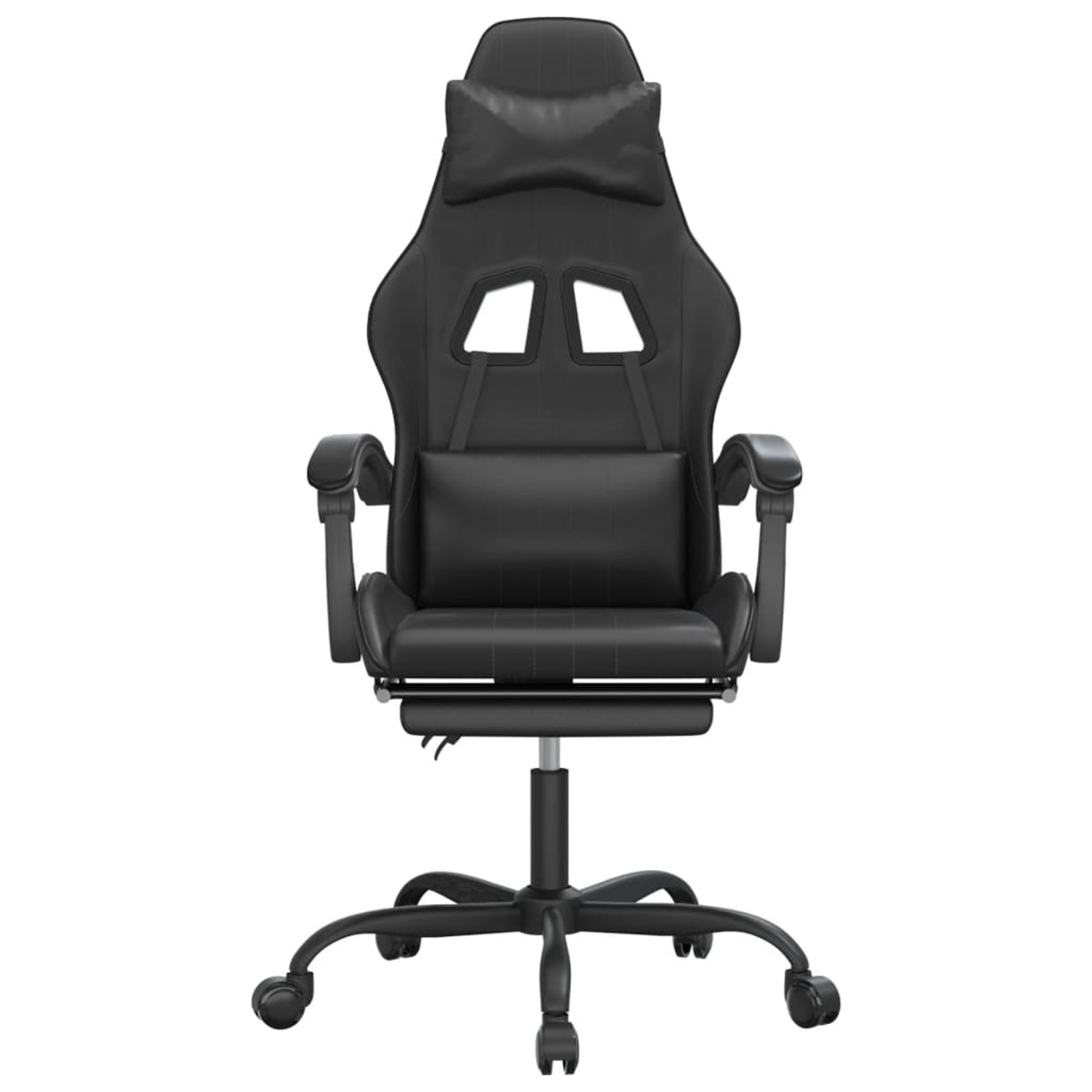 Ein schwarzer Gaming-Stuhl mit Kopfstütze, Rückenlehne, Armlehnen und Rollen, auf weißem Hintergrund.