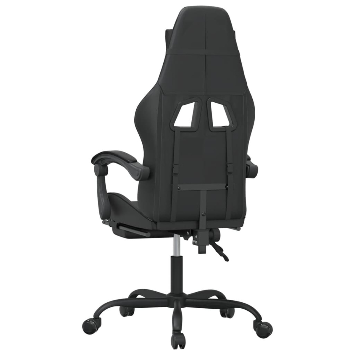 Schwarzer Gaming-Stuhl von hinten, mit hohem Rückenteil und Rollen.