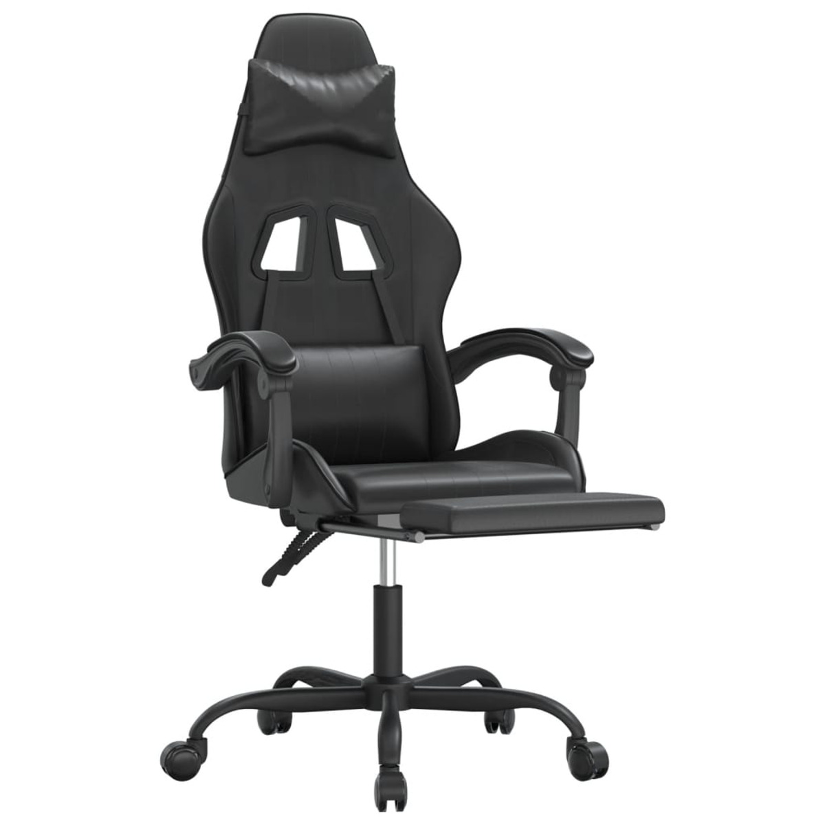 Schwarzer Gaming-Stuhl mit Kopfstütze, Armlehnen, Beinauflage und Rollen. Schwarze Lederoptik.