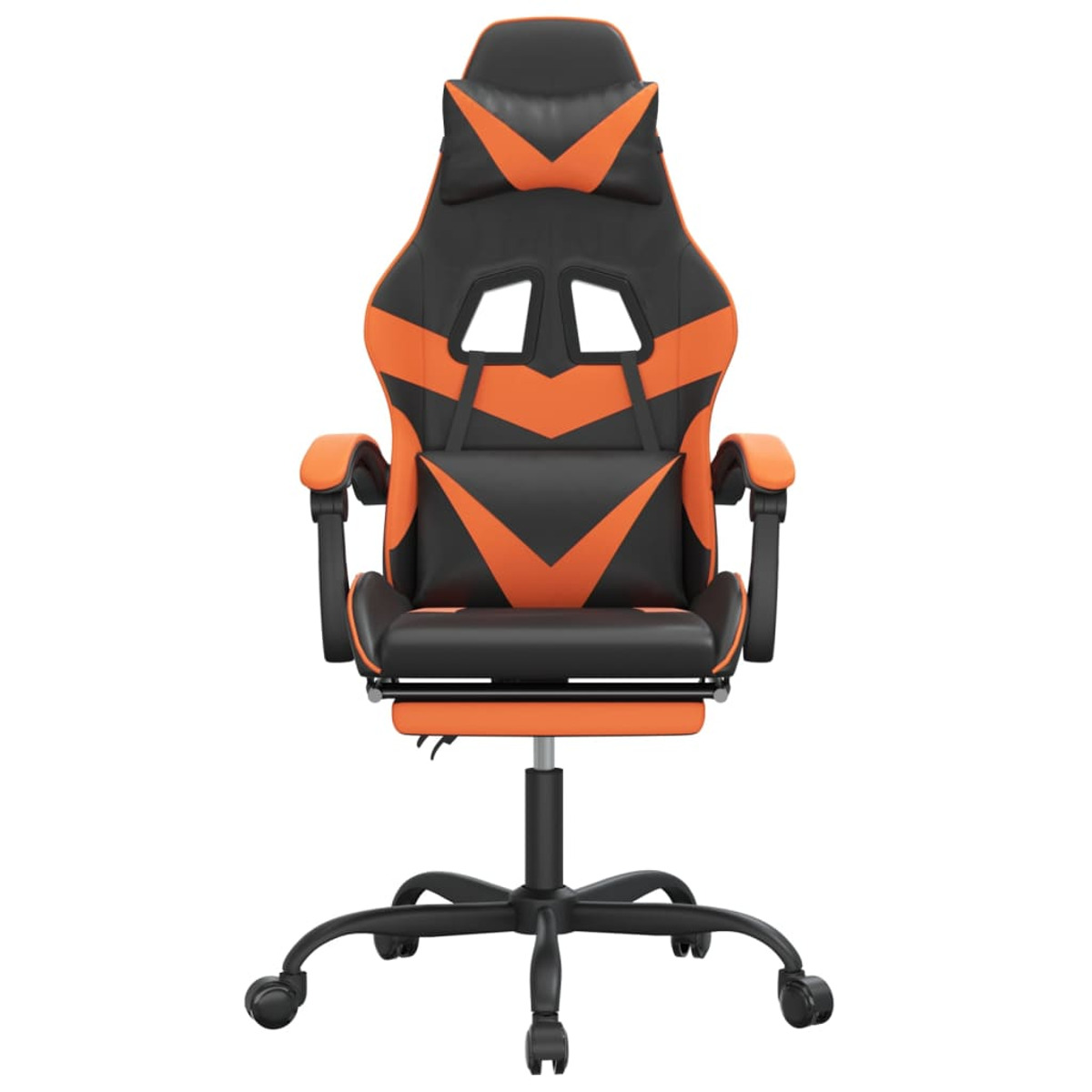 Schwarz-oranger Gaming-Stuhl mit Kopfstütze und Rollen auf weißem Hintergrund.