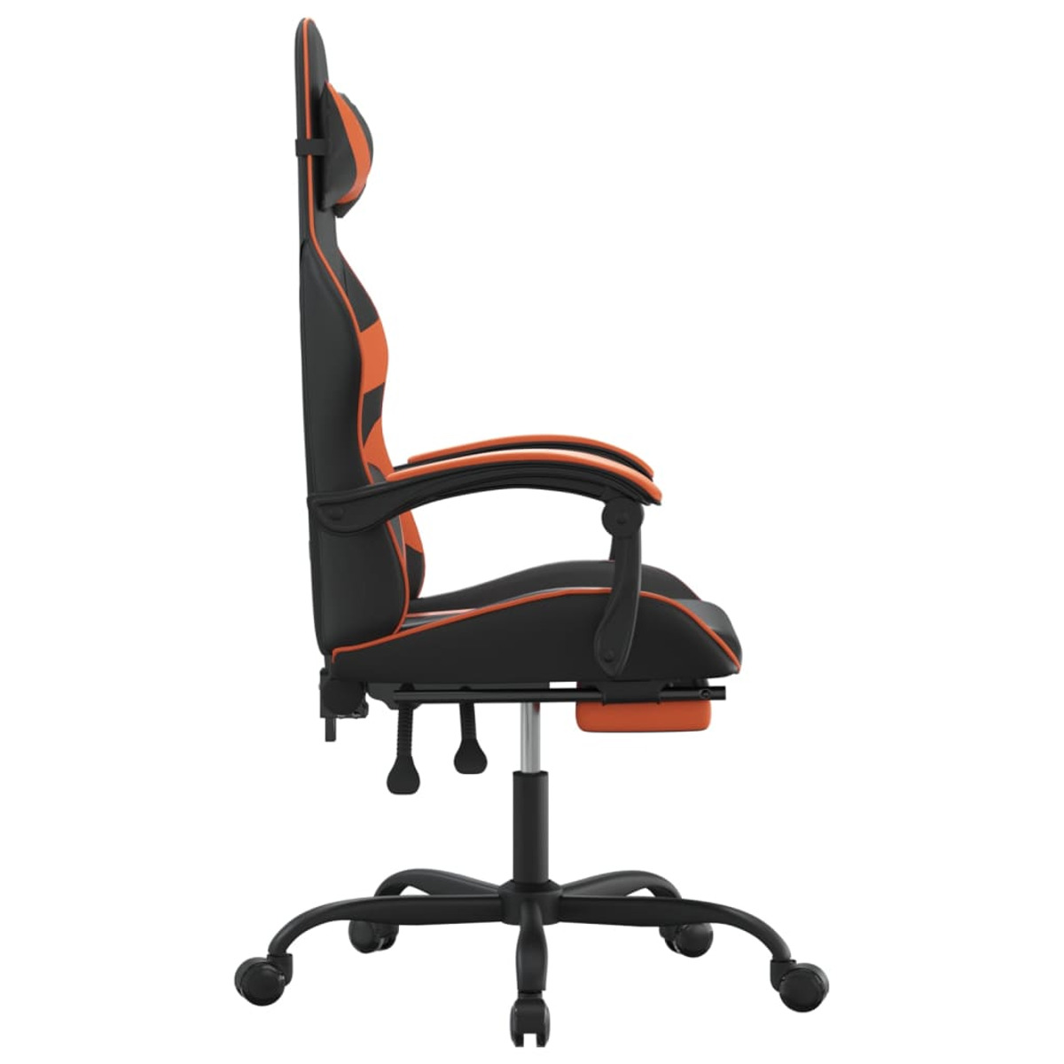 Gaming-Stuhl, schwarz mit orangefarbenen Akzenten. Seitenansicht vor weißem Hintergrund.