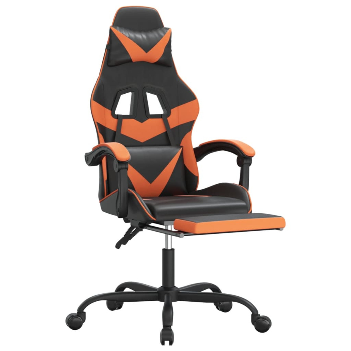 Gaming-Stuhl mit schwarzem und orangefarbenem Design, Fußstütze und Fünf-Rollen-Basis.