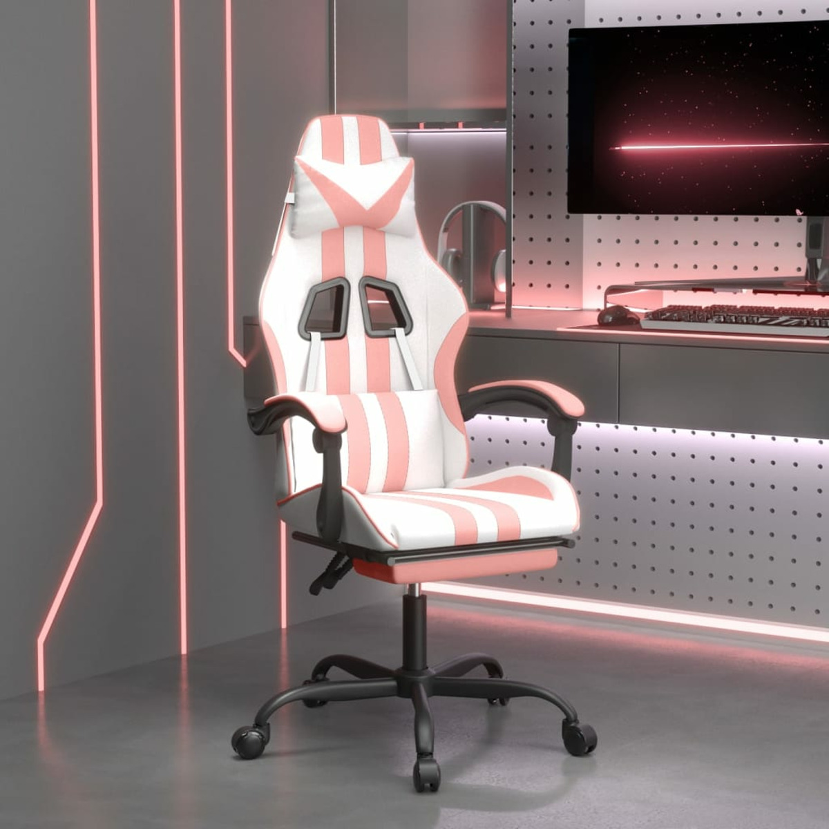 Gaming-Stuhl. Der Stuhl ist rosa und weiß. Der Hintergrund hat ein rosa Neonlicht.