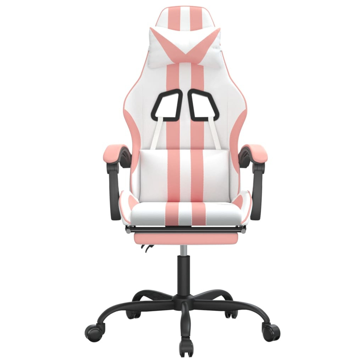 Ein rosa-weißer Gaming-Stuhl mit Kopfstütze, Armlehnen und einem Untergestell mit Rollen.