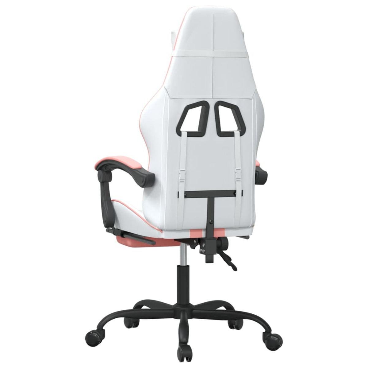 Weiß-rosa Gaming-Stuhl, Rückansicht. Der Stuhl hat ein schwarzes Untergestell mit Rädern.