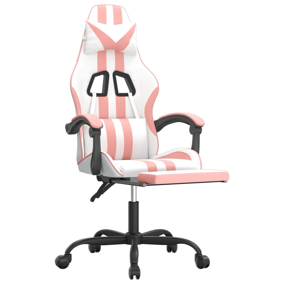 Rosa-weißer Gaming-Stuhl mit Fußstütze und schwarzem Sockel, isoliert auf weißem Hintergrund.