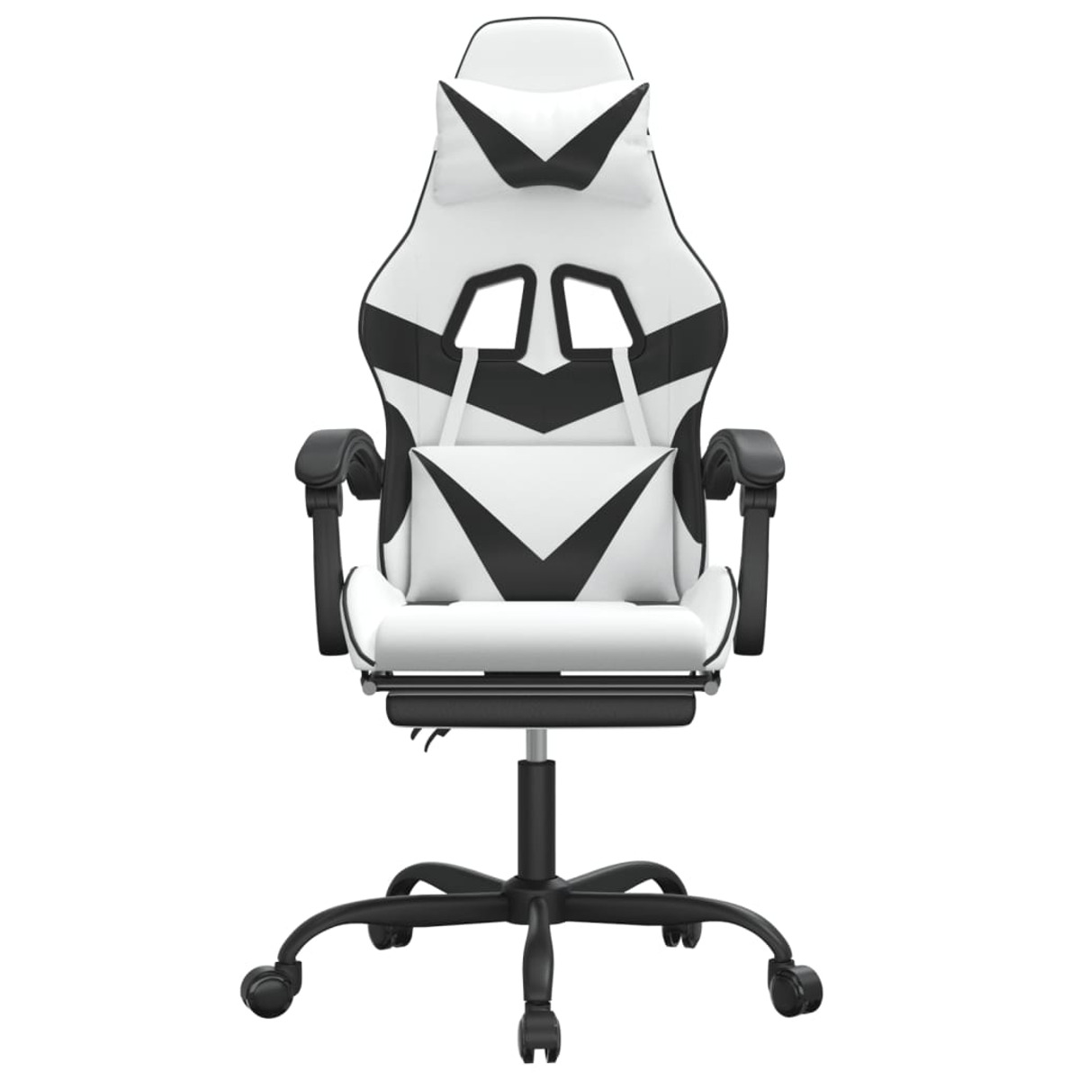 Weißer Gaming-Stuhl mit schwarzen Akzenten auf weißem Hintergrund.