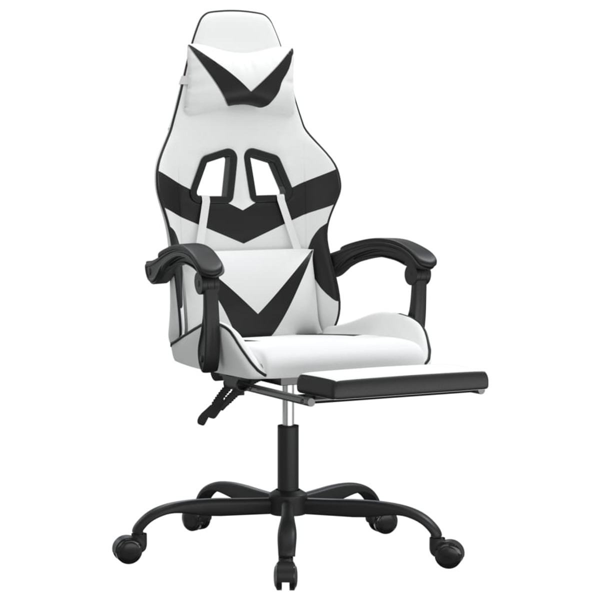 Weißer und schwarzer Gaming-Stuhl mit Fußstütze. Der Stuhl hat eine hohe Rückenlehne mit schwarzen Akzenten.