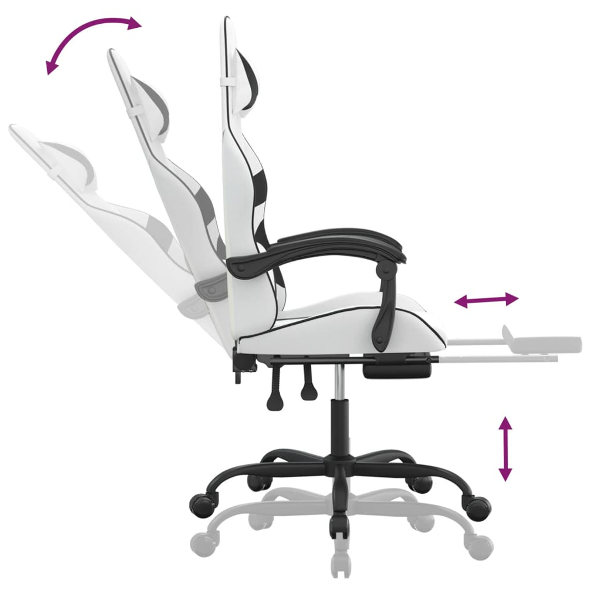 Gaming-Stuhl, weiß mit schwarzen Akzenten, verstellbar, mit Pfeilen zur Veranschaulichung.
