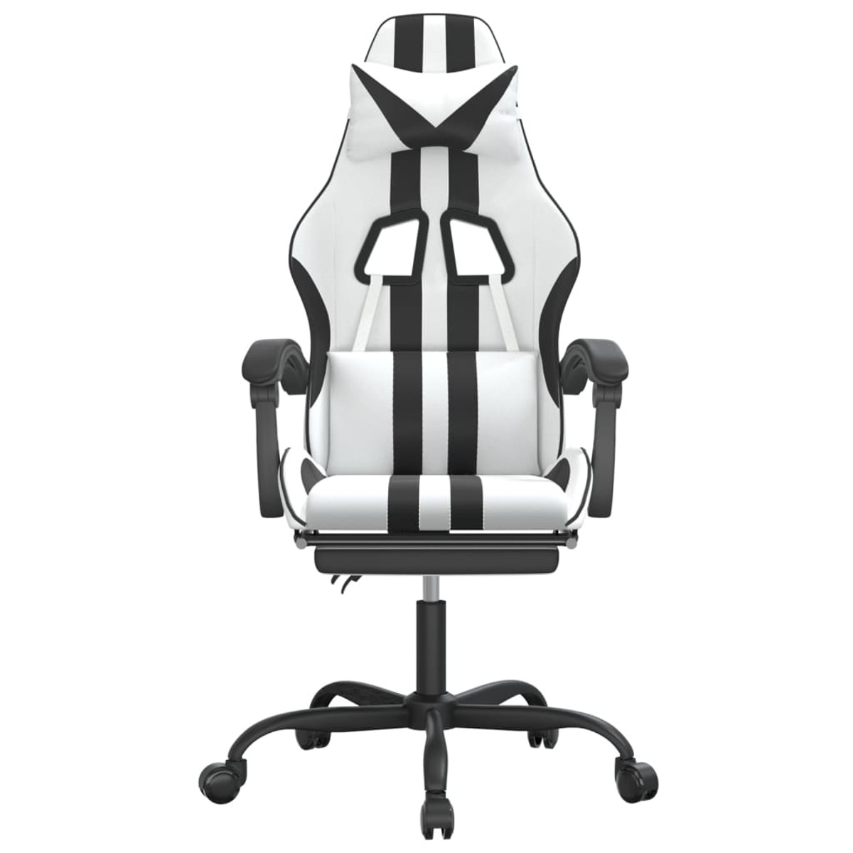 Gaming-Stuhl, Vorderansicht, weiß mit schwarzen Streifen. Stuhl hat schwarzes Untergestell.