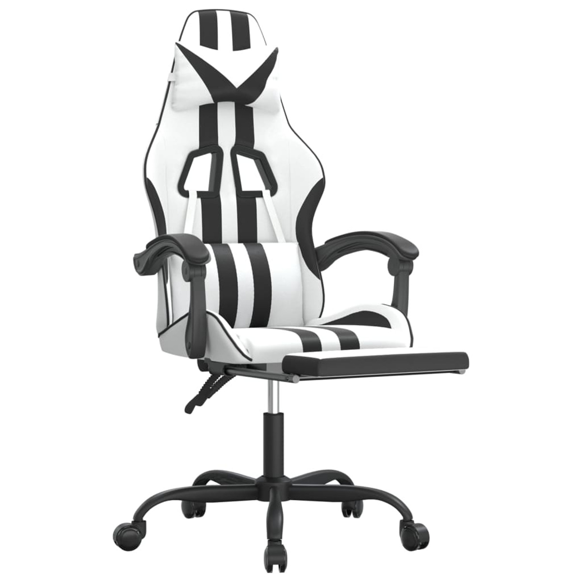 Weiß-schwarzer Gaming-Stuhl mit Fußstütze und schwarzen Rollen auf weißem Hintergrund.