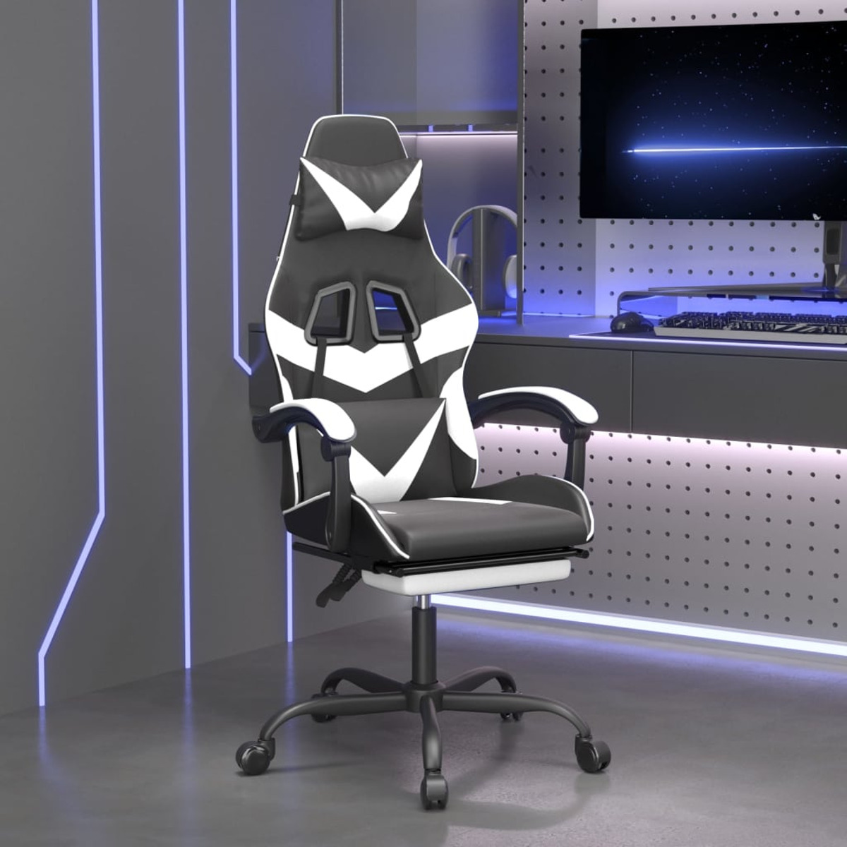 Schwarz-weißer Gaming-Stuhl mit Kopfstütze, Armlehnen und Fünf-Sterne-Fuß.