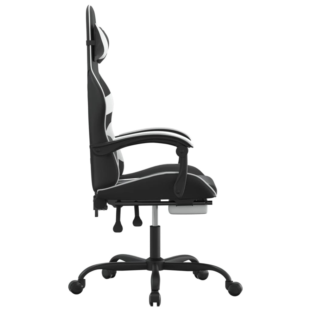 Seitenansicht eines schwarz-weißen Gaming-Stuhls auf weißem Hintergrund.