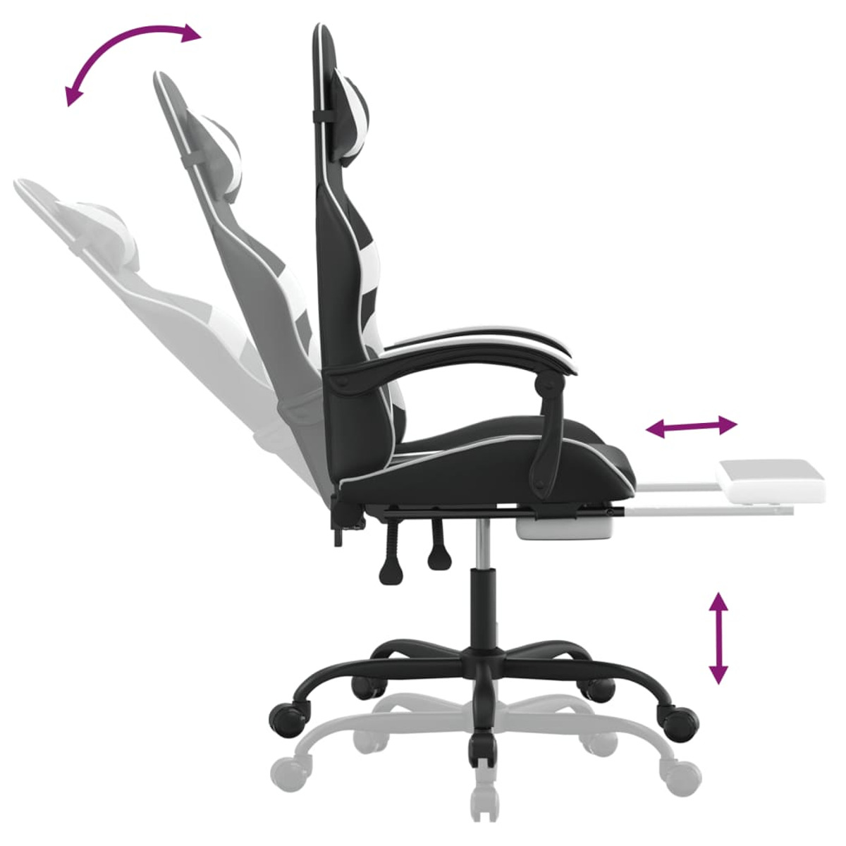 Gaming-Stuhl, weiß mit schwarzen Akzenten, Seitenansicht, mit Pfeilen zur Veranschaulichung.