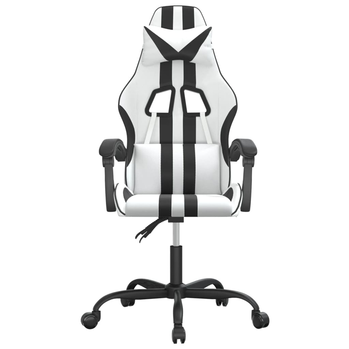 Vorderansicht eines weißen Gaming-Stuhls mit schwarzen Streifen und Akzenten, schwarze Basis.