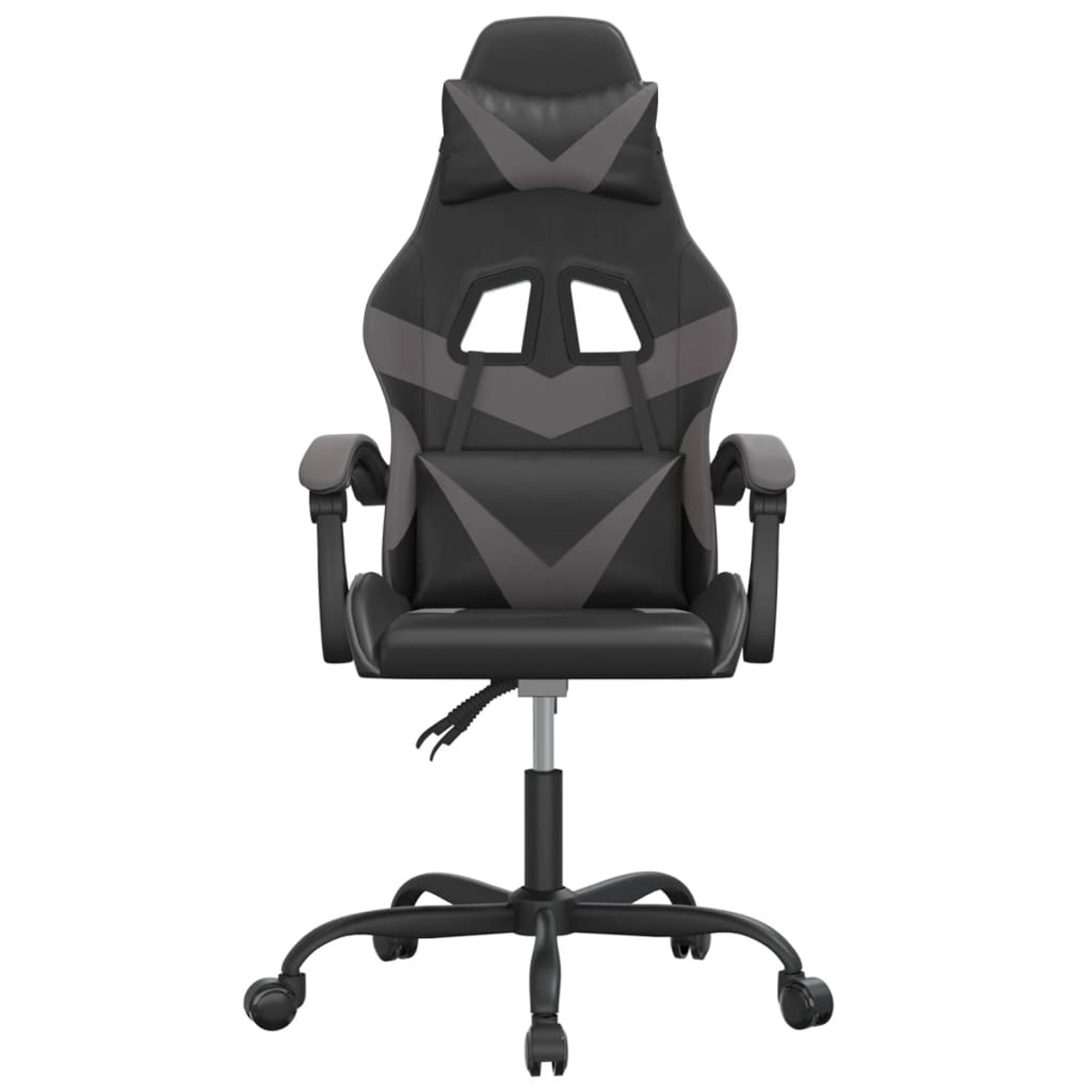 Schwarzer und grauer Gaming-Stuhl mit Kopf- und Armlehnen, vor weißem Hintergrund.