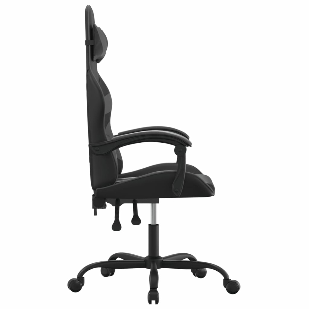 Schwarzer Gaming-Stuhl, Seitenansicht. Hoher Rücken, Kopfstütze, Armlehnen und schwarzes Gestell.
