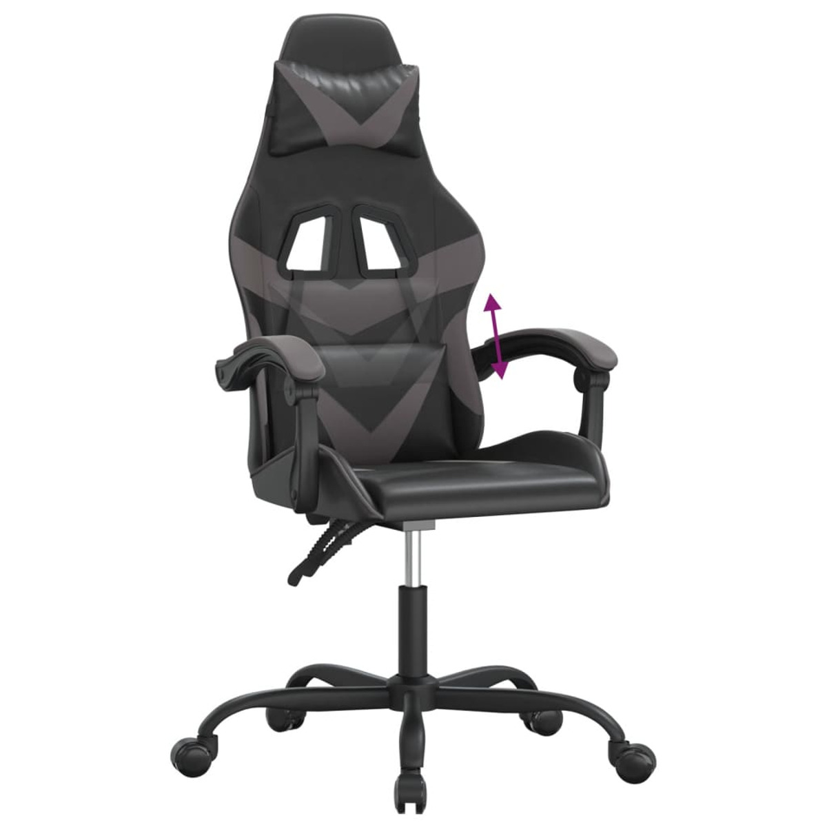 Schwarzer und grauer Gaming-Stuhl auf weißem Grund. Mit höhenverstellbar.