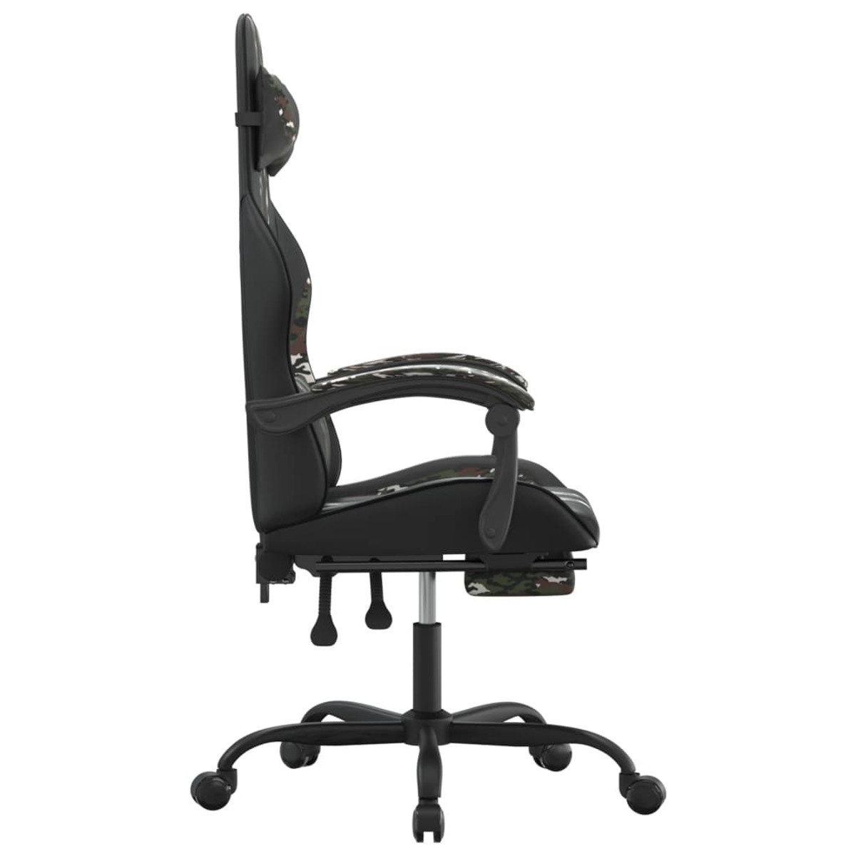 Gaming-Stuhl im Profil, mit Camouflage-Muster auf schwarzem Stoff und Fünf-Rollen-Basis.
