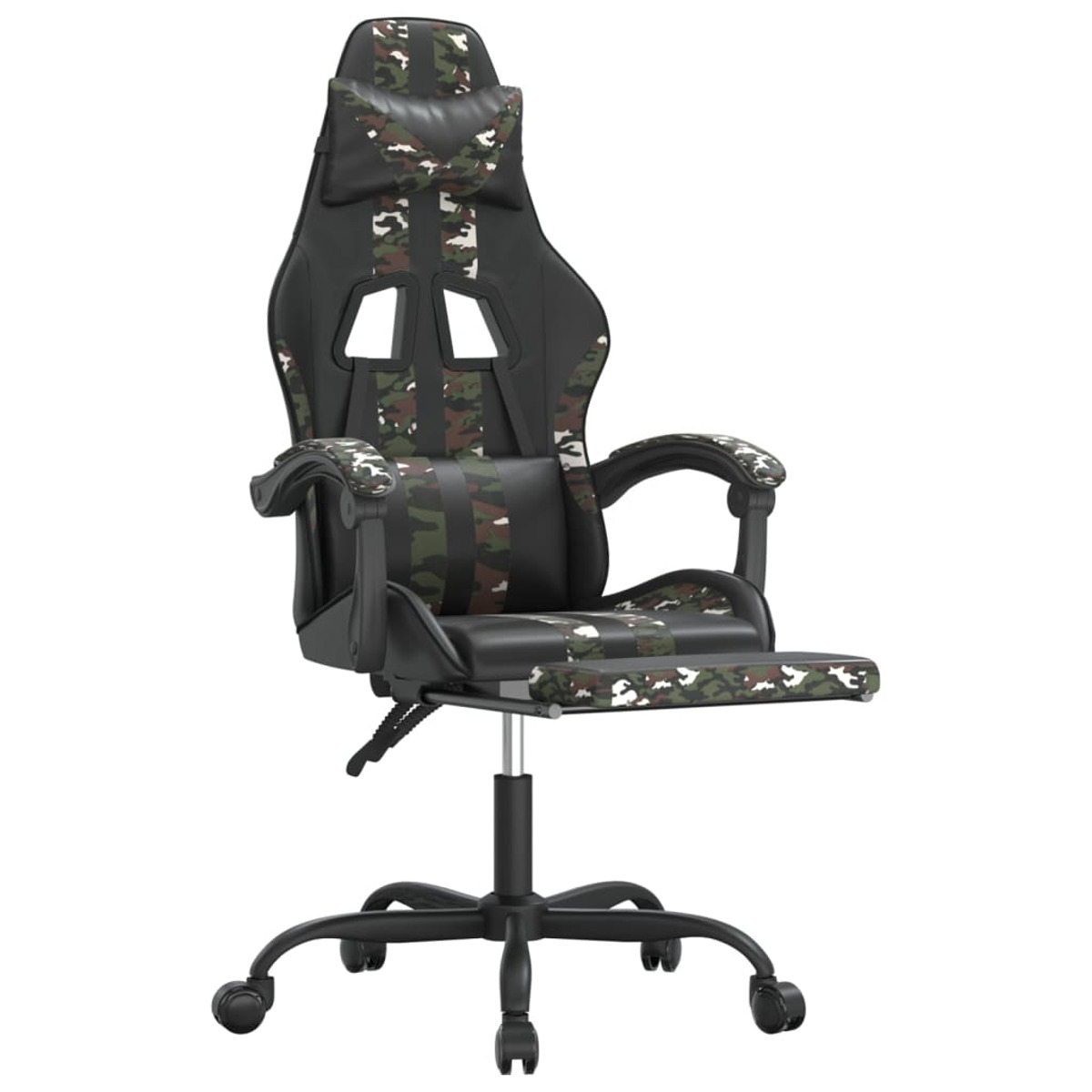Gaming-Stuhl mit Camouflage-Muster, schwarzer Basis und Rädern. Verfügt über Kopfstütze, Armlehnen und Beinauflage.