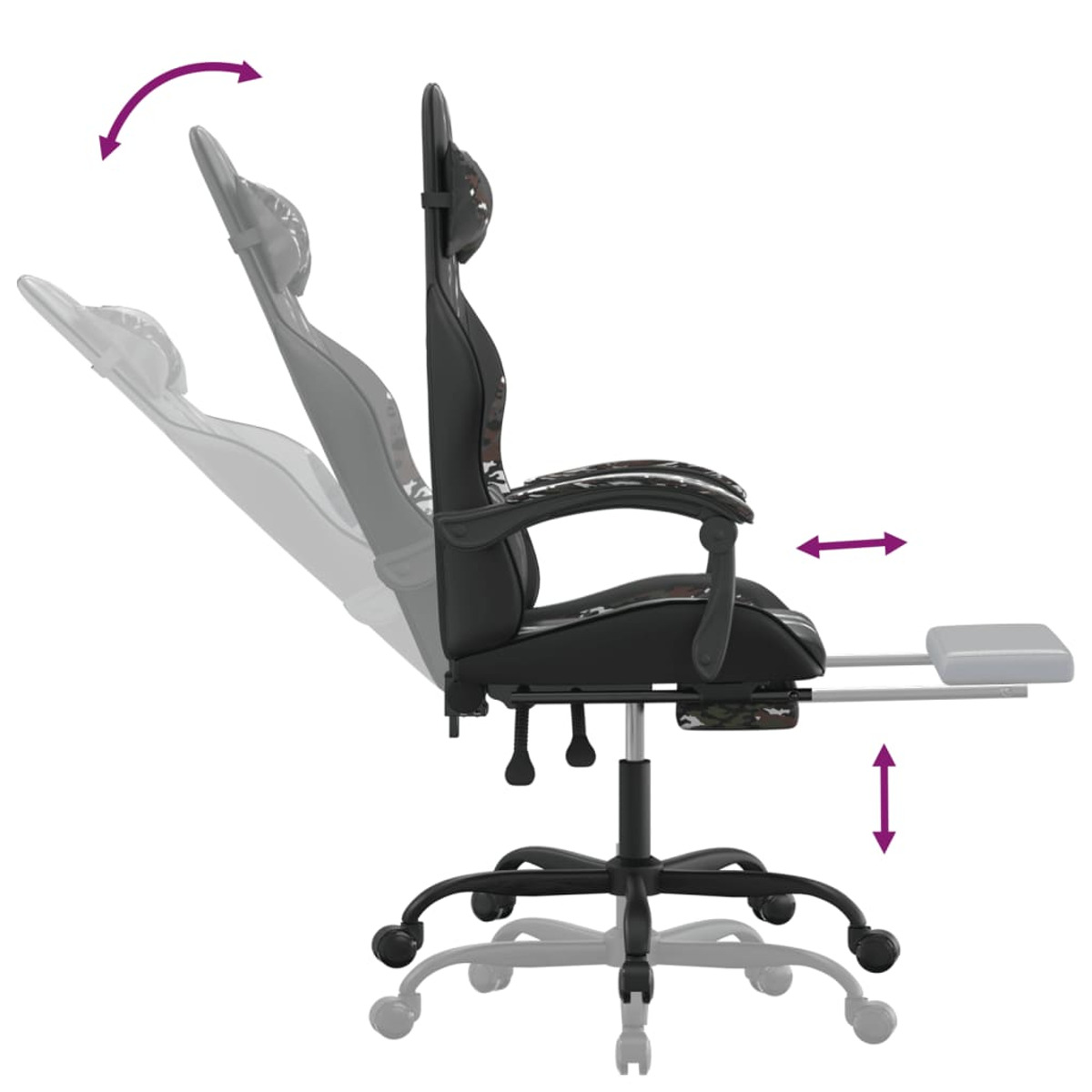 Gaming-Stuhl-Profil mit verstellbarer Kopfstütze und Fußstütze.