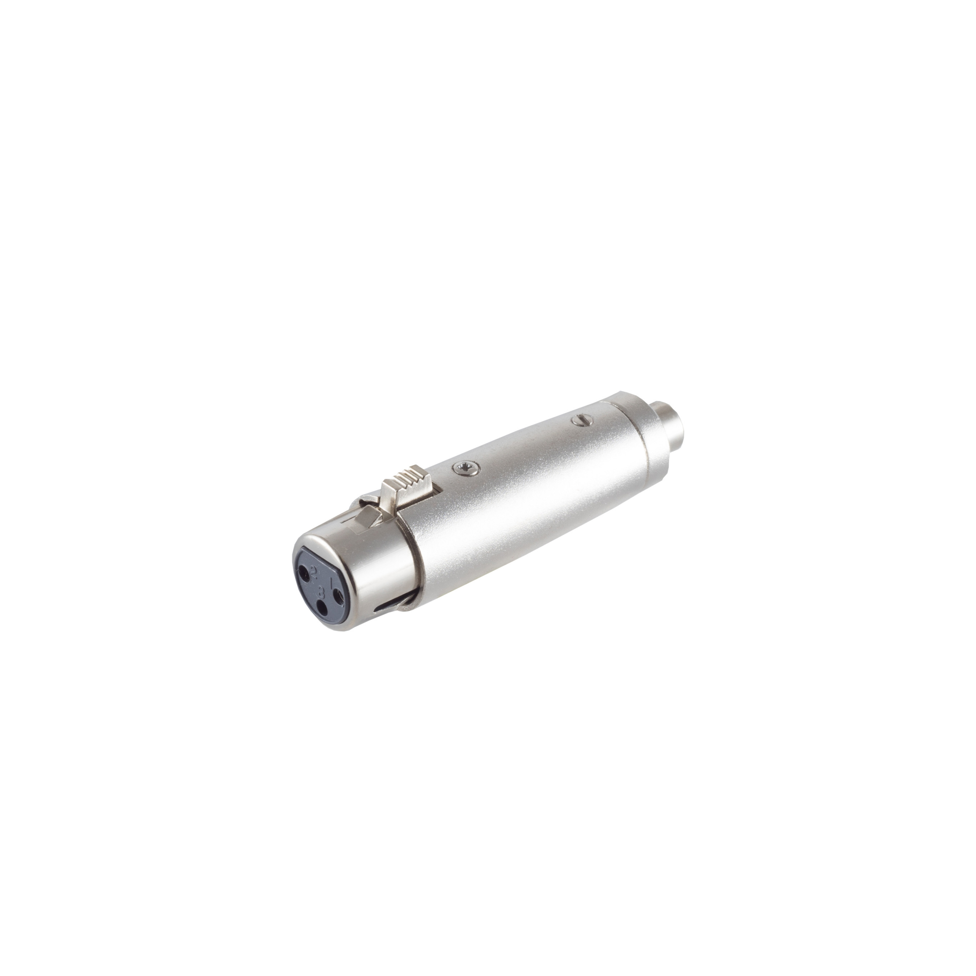 Silberner XLR-Anschluss, drei Pins, auf weißem Hintergrund. Stecker.