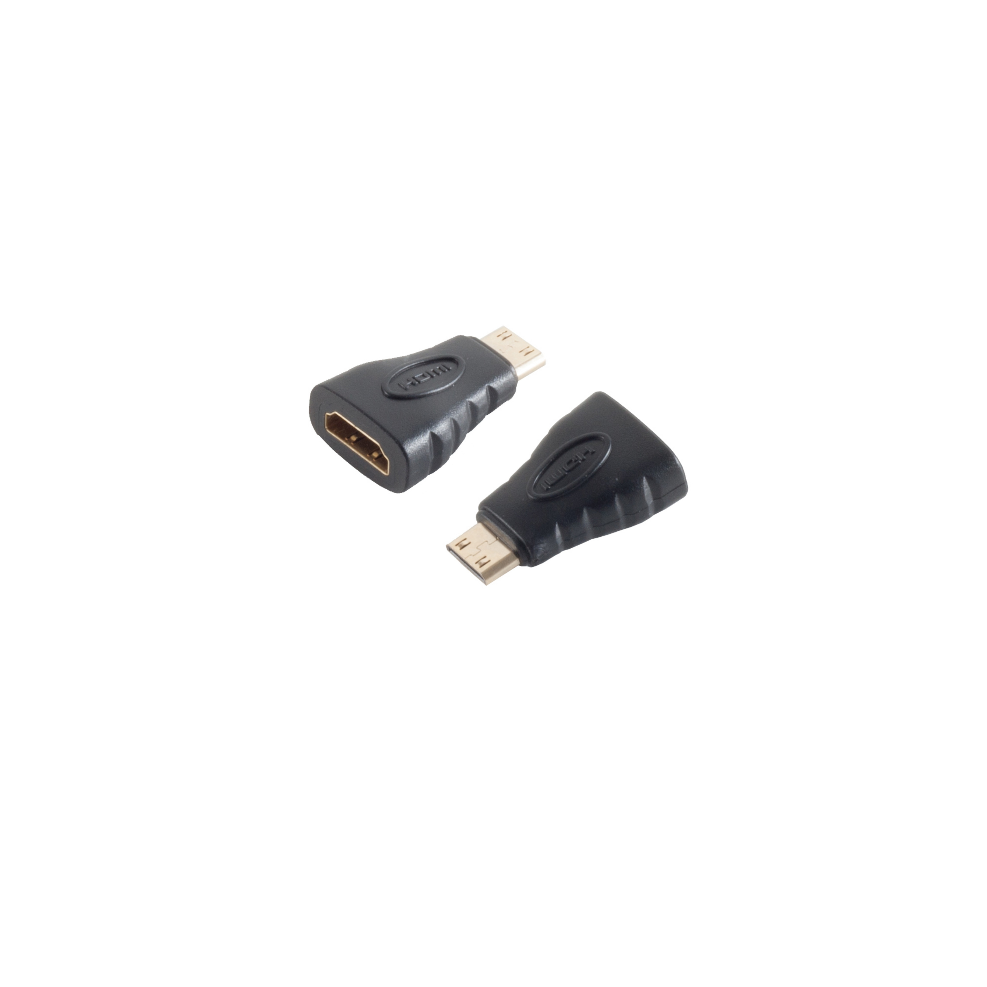 Zwei schwarze HDMI-zu-Micro-HDMI-Adapter auf weißem Hintergrund.