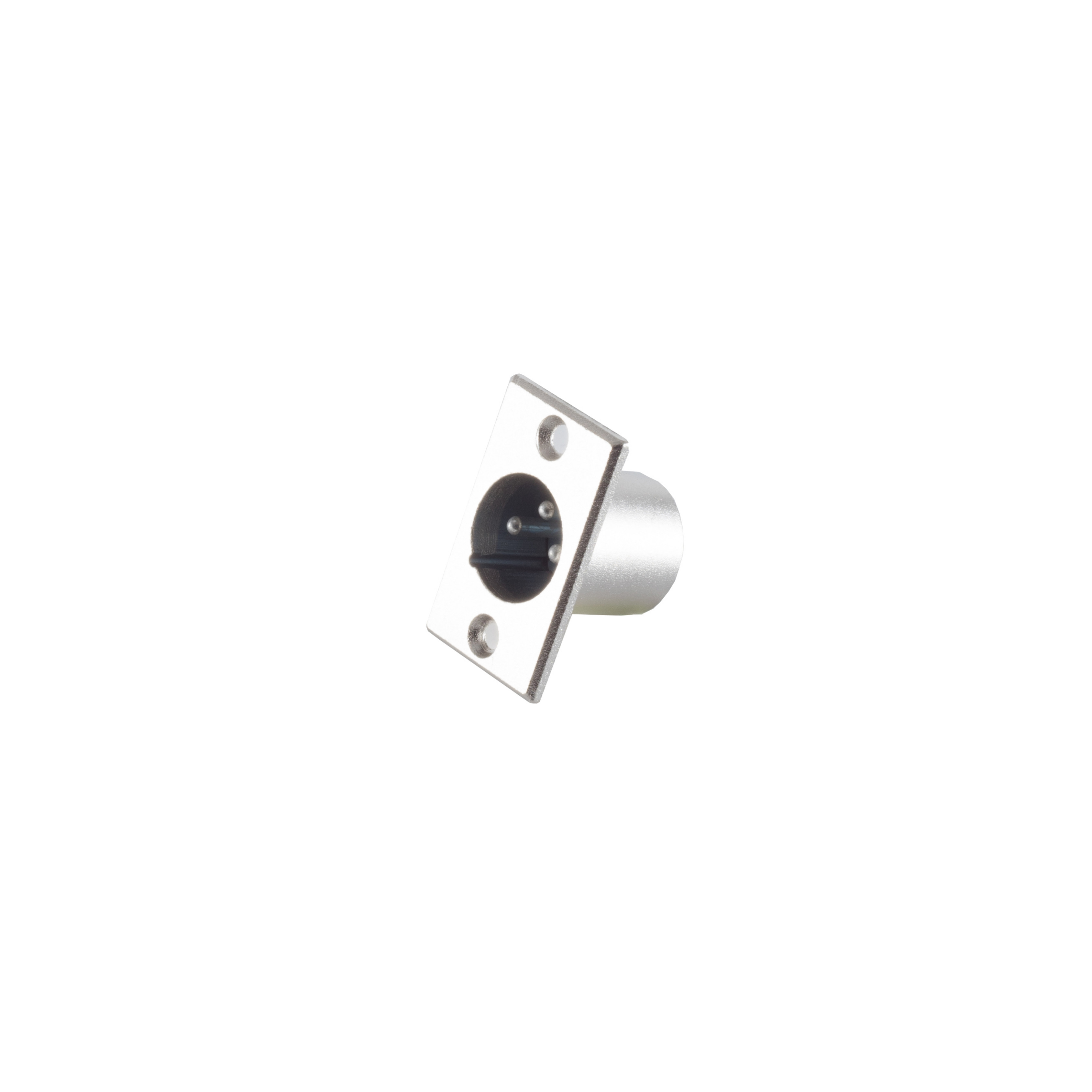 Silberner XLR-Stecker. Der Stecker ist auf weißem Hintergrund isoliert. Drei Pins sind sichtbar.