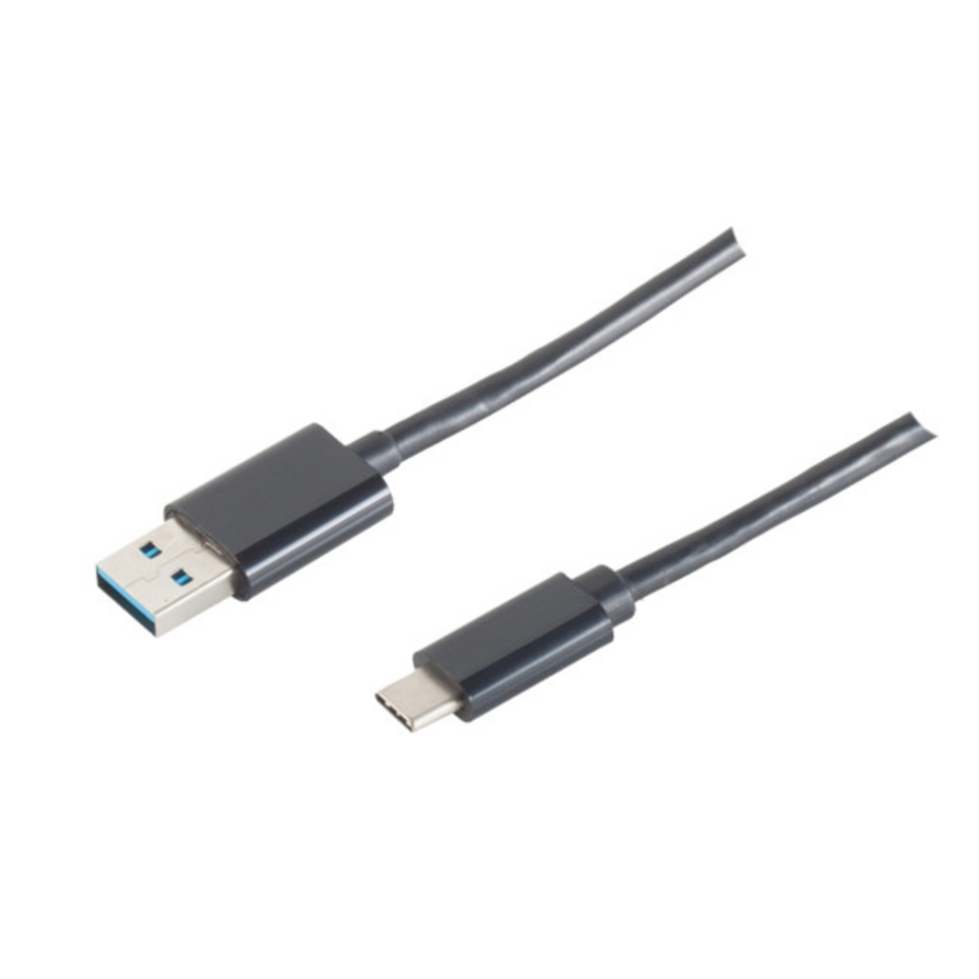 Cavo da USB a USB-C nero su sfondo bianco. Connettori USB-A e USB-C.