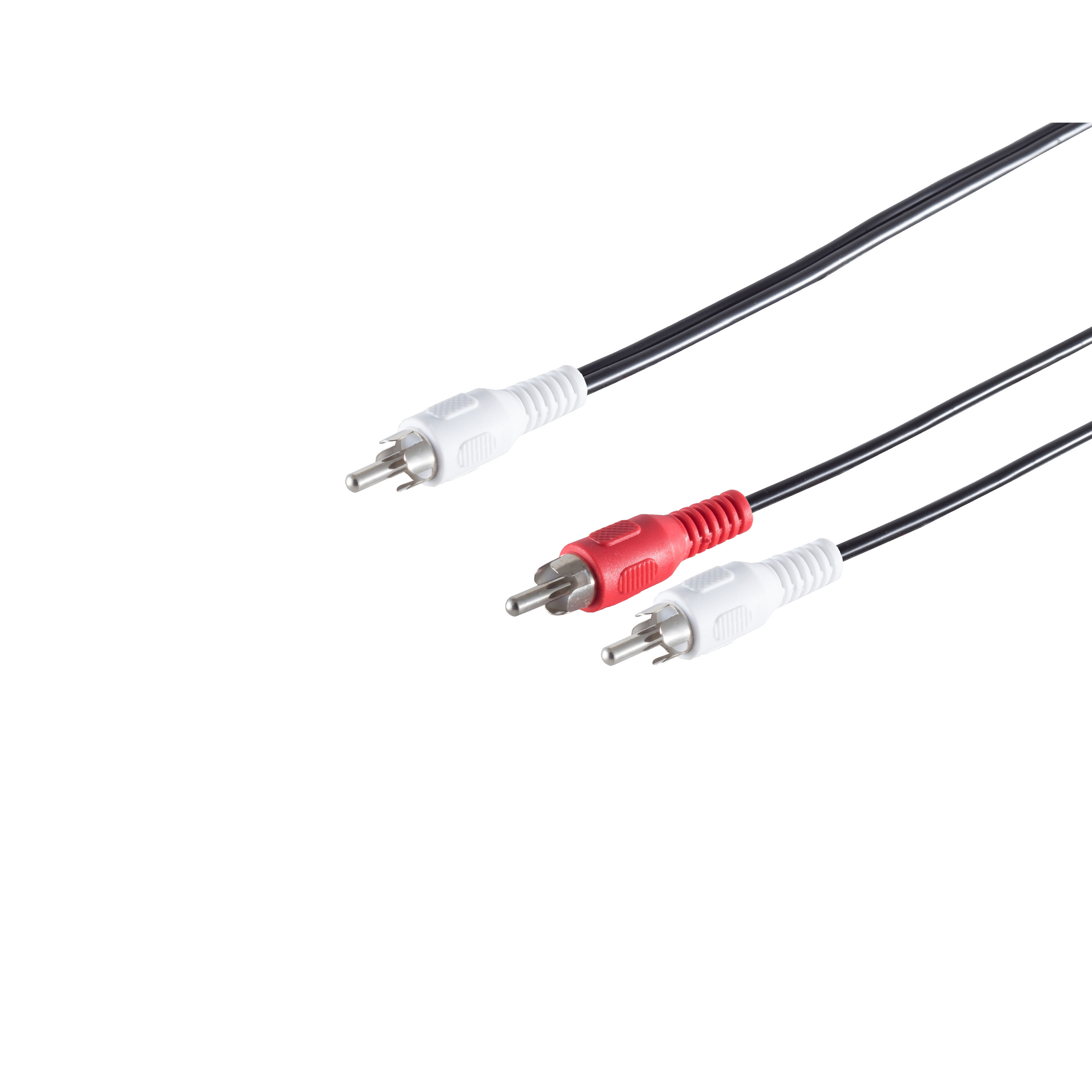 Drei Audiokabel. Zwei weiße Cinch-Anschlüsse, ein roter Cinch-Anschluss, alle auf weißem Hintergrund.