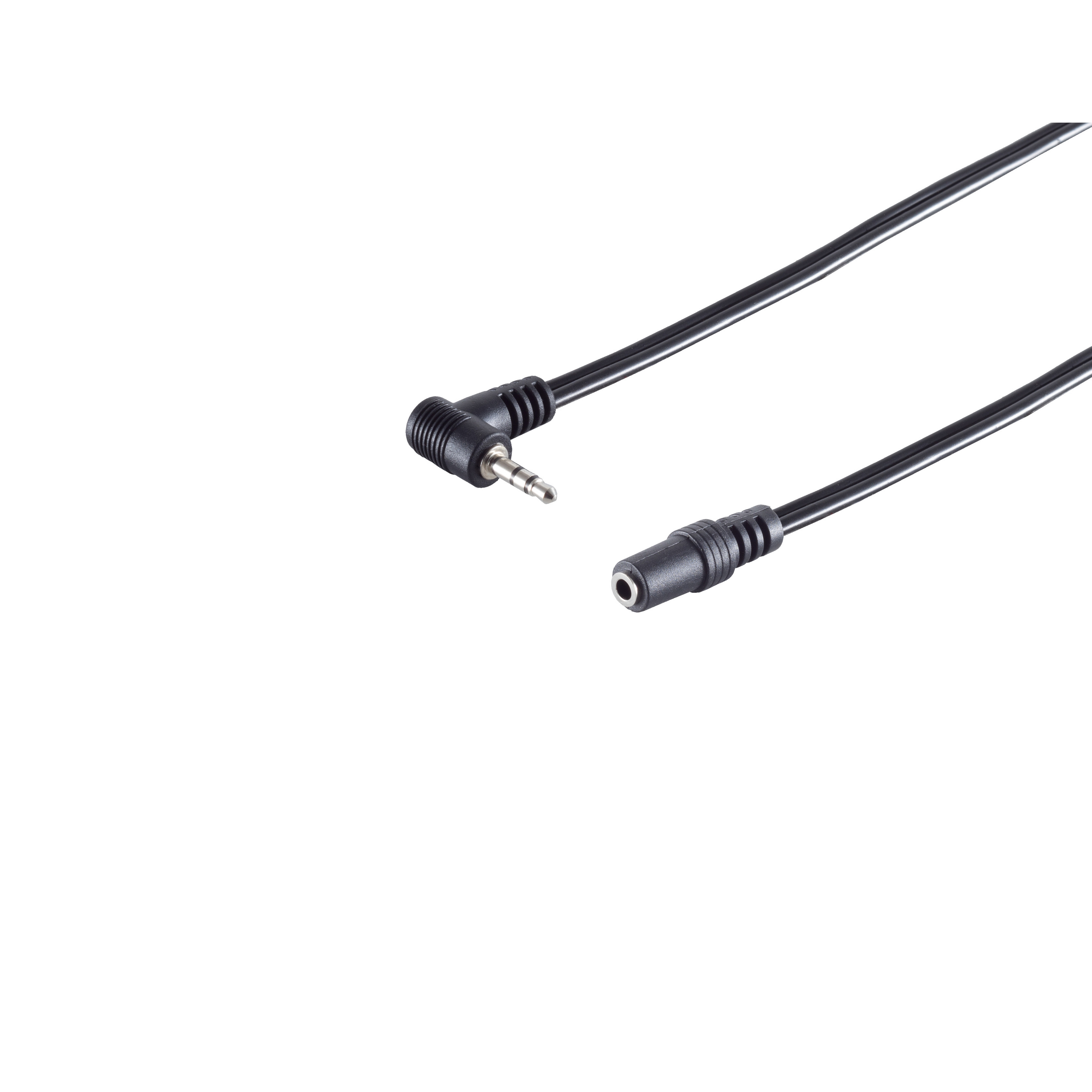 Ein schwarzes Kabel mit 3,5-mm-Klinke und Buchse auf Weiß.