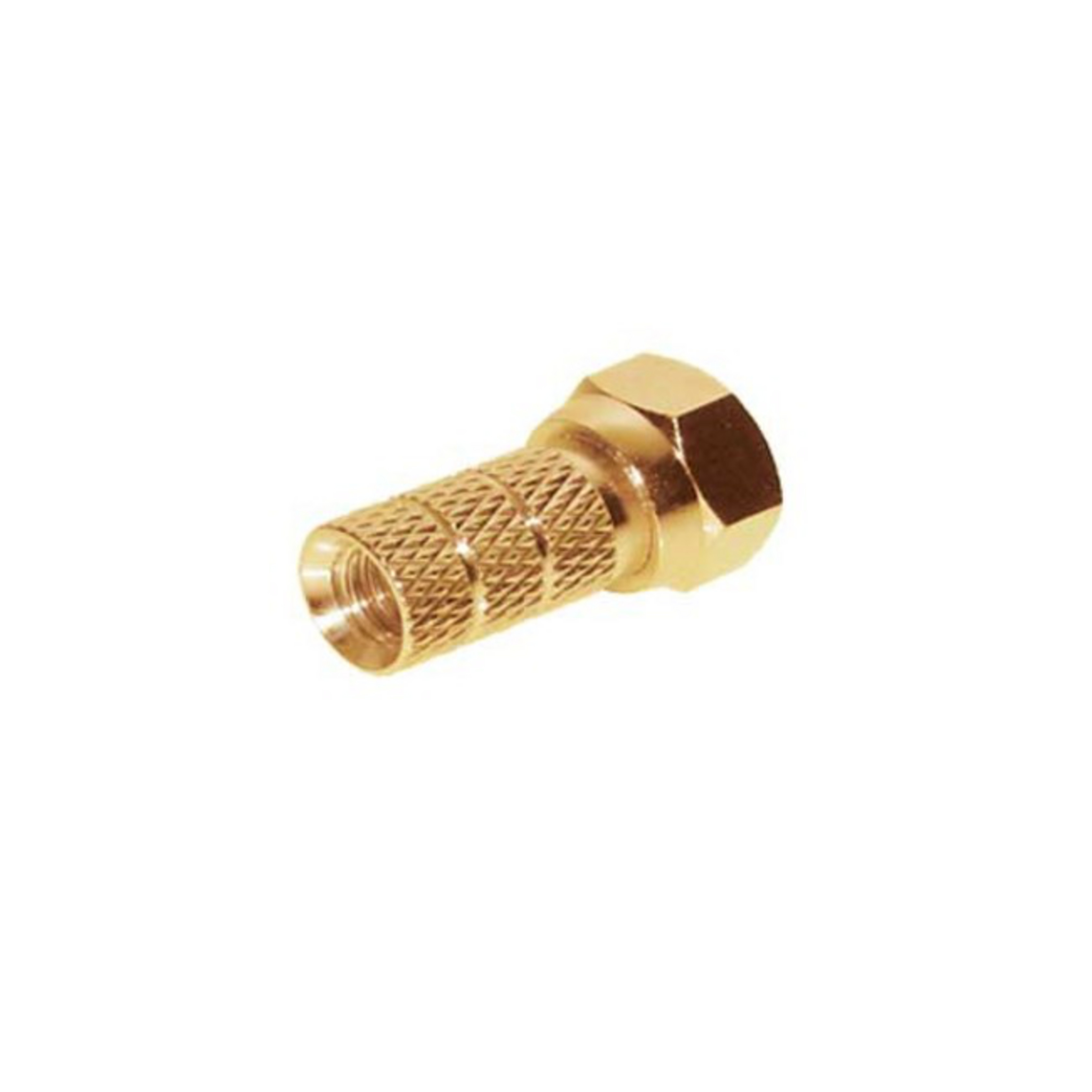 Goldfarbener F-Stecker. Zylindrische Form mit Sechskantkopf. Weißer Hintergrund.