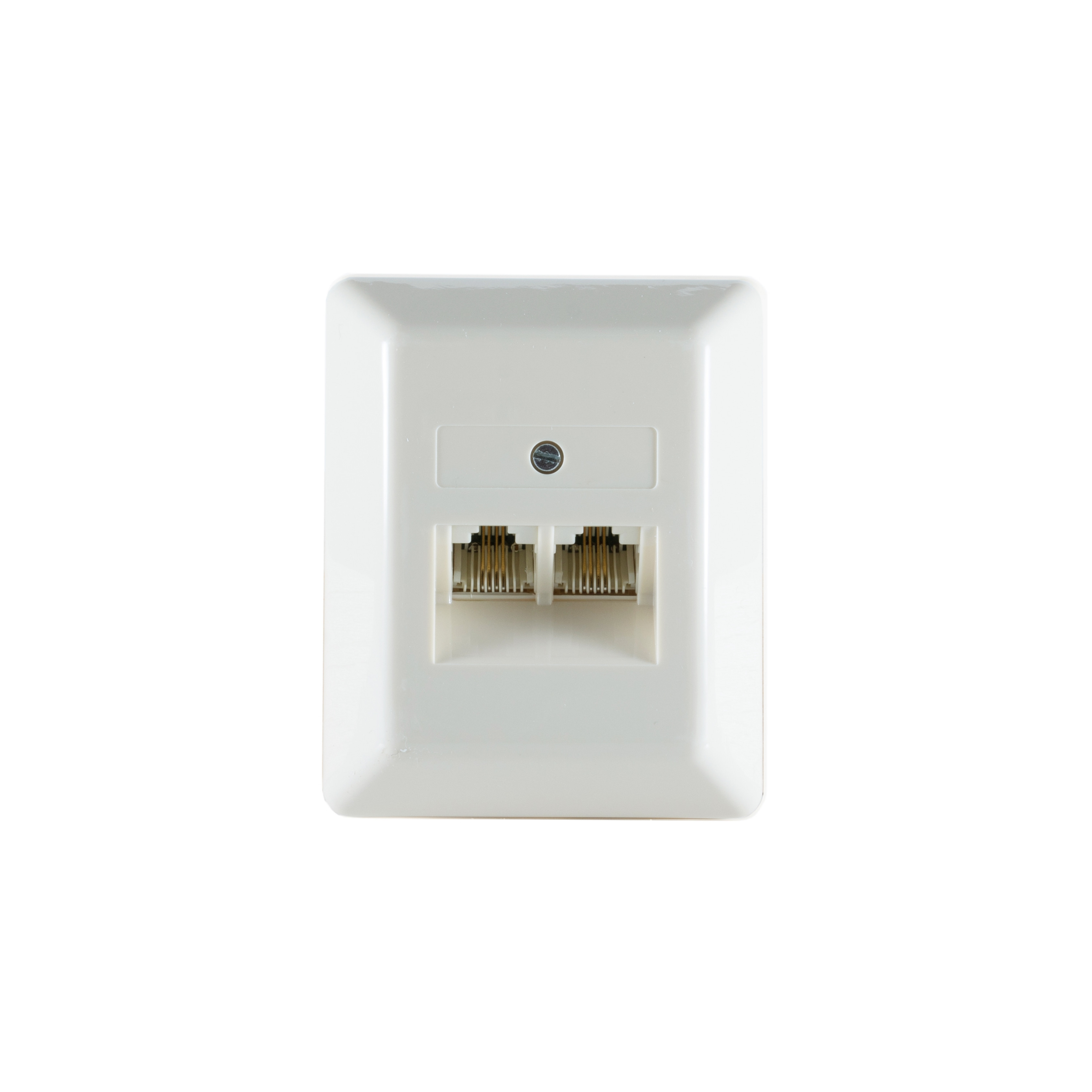 Weiße Wandplatte mit zwei RJ45-Anschlüssen.