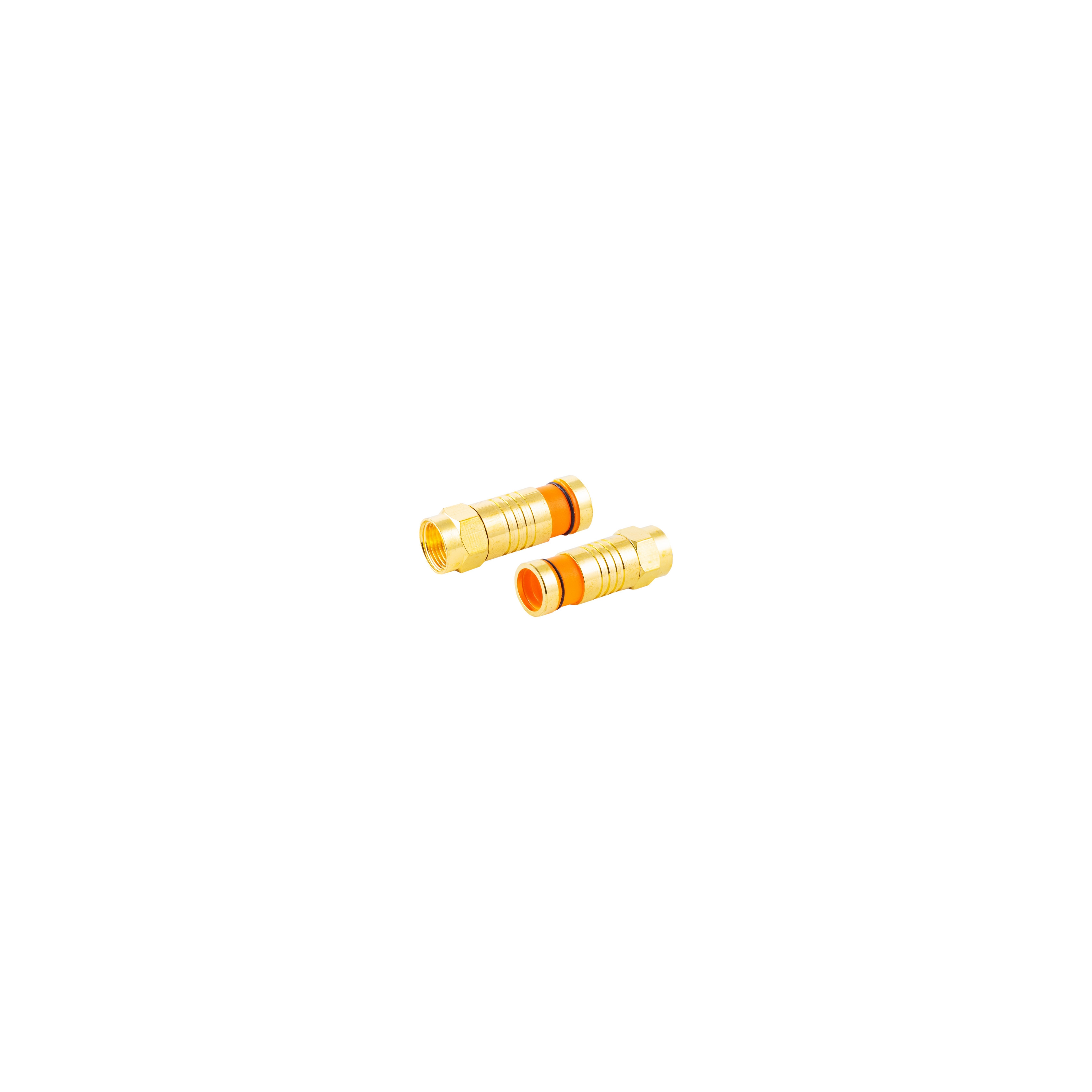Zwei goldfarbene F-Stecker auf weißem Hintergrund, mit orangefarbenen und schwarzen Ringen.