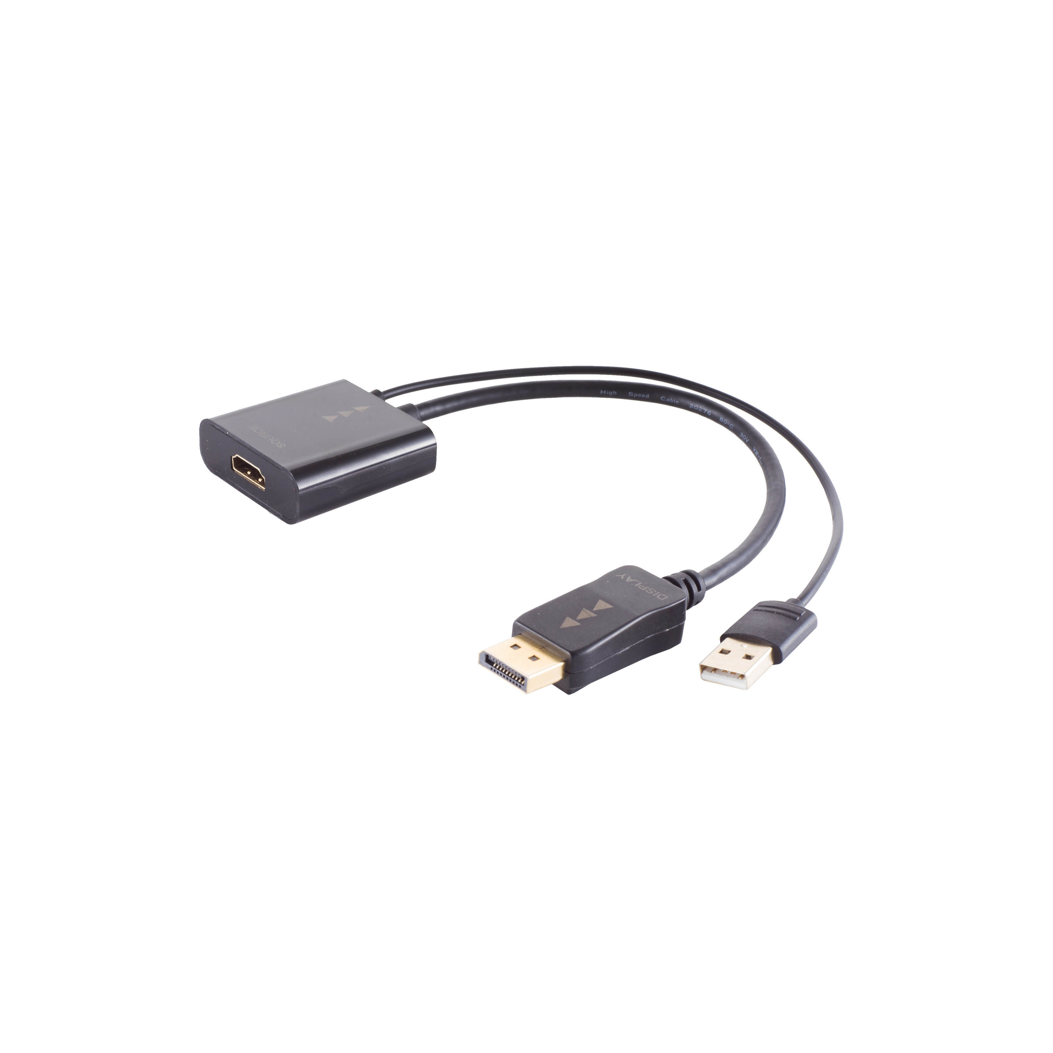 Ein schwarzes Adapterkabel mit HDMI- und USB-Anschlüssen auf weißem Grund.