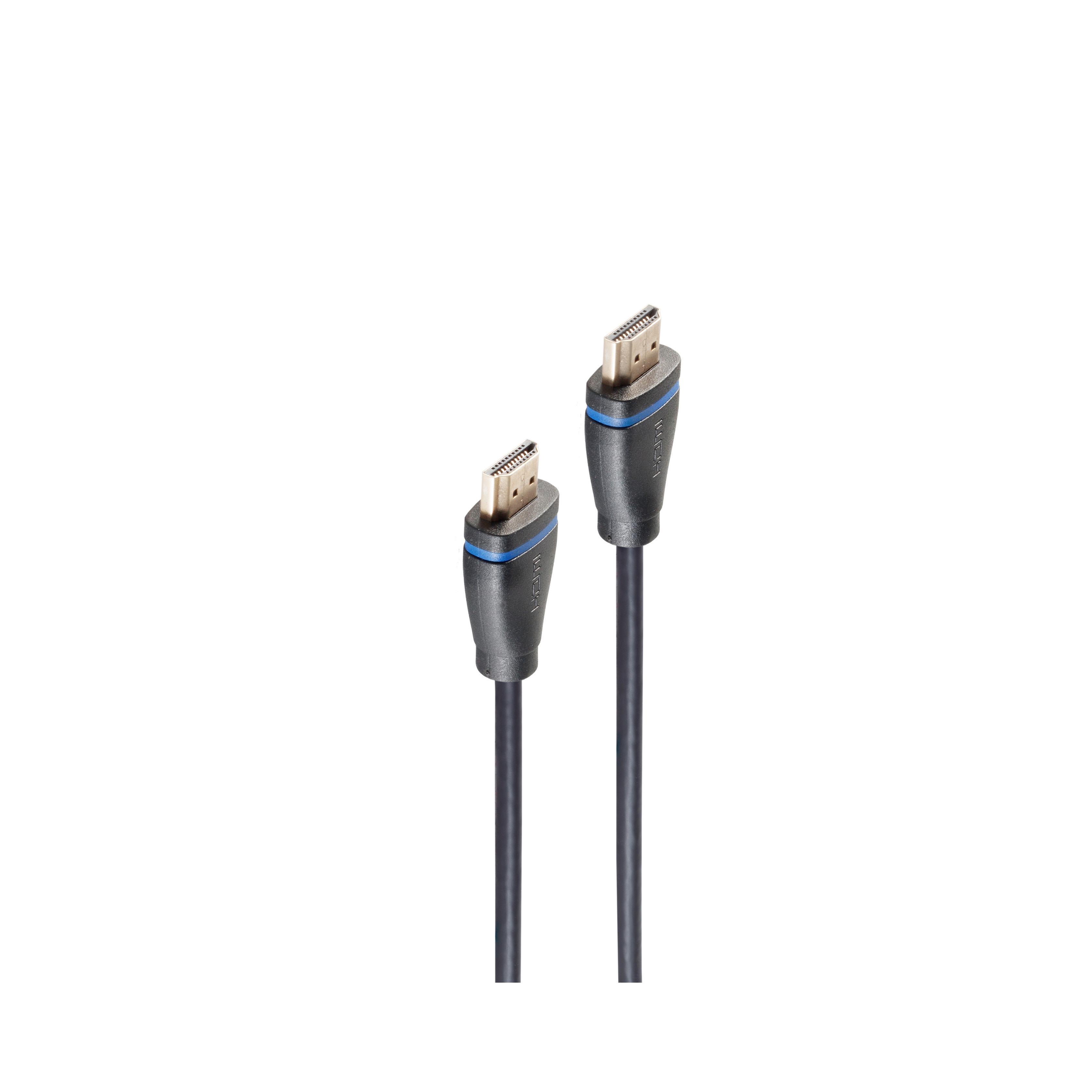 Zwei schwarze HDMI-Kabel mit blauen Akzenten. Sie sind auf weißem Hintergrund.
