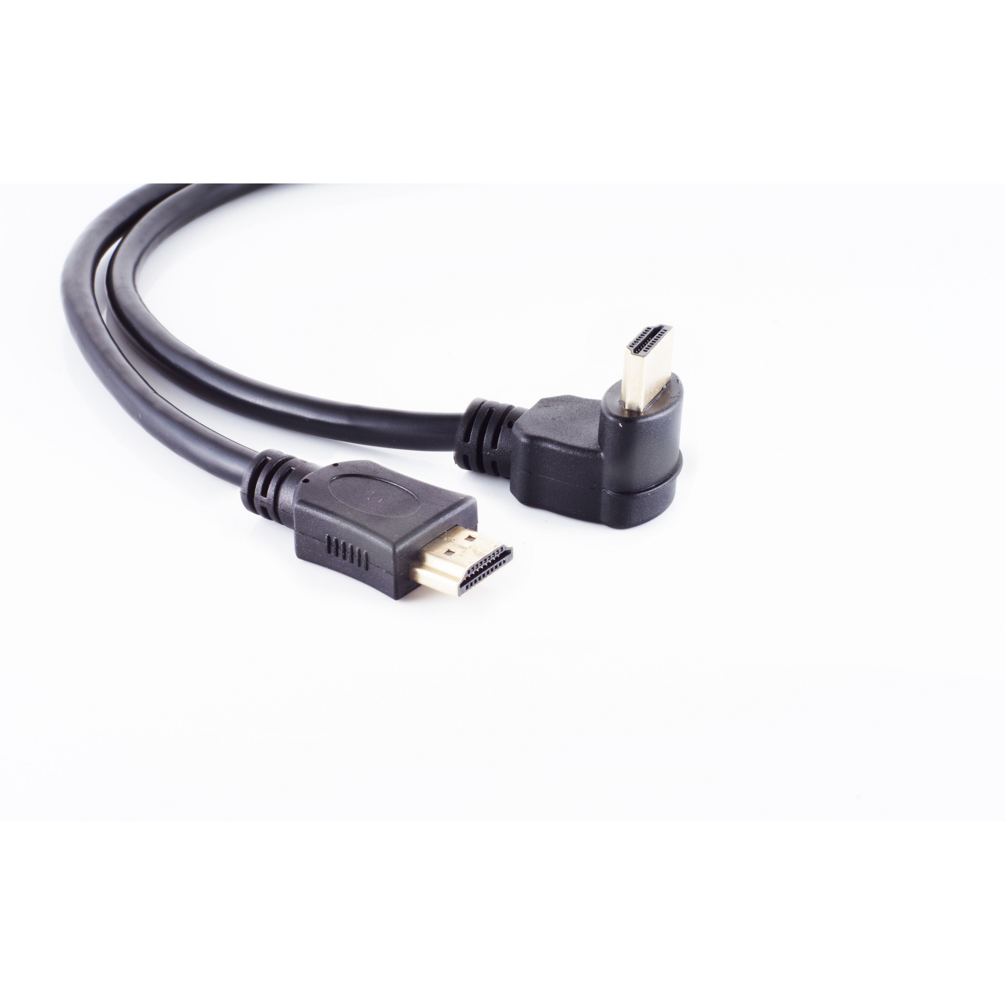 Schwarze HDMI-Kabel mit abgewinkelten Steckern, auf weißem Hintergrund.