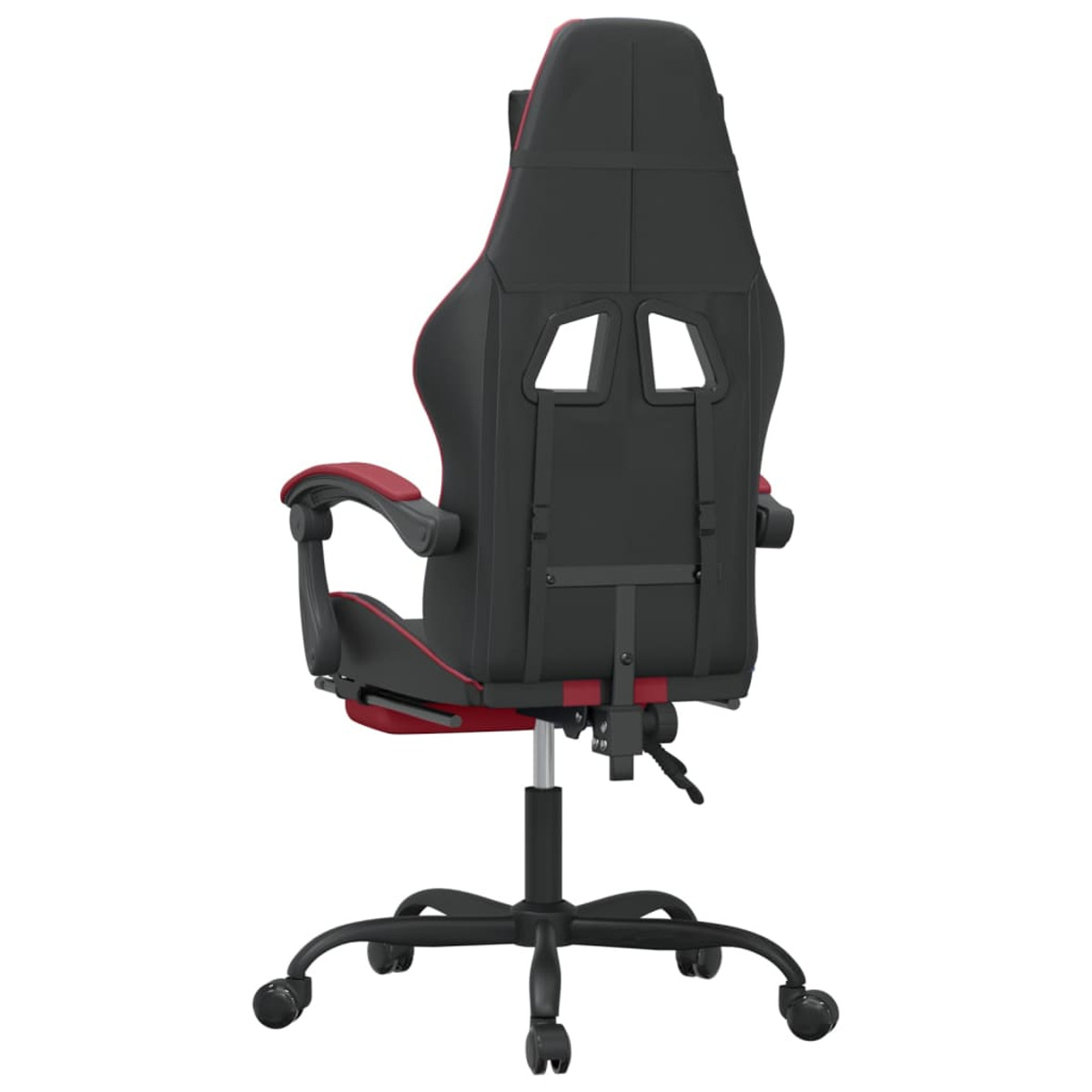 Rückansicht eines Gaming-Stuhls mit Schwarz und Rot, Rädern und einem Gestell.