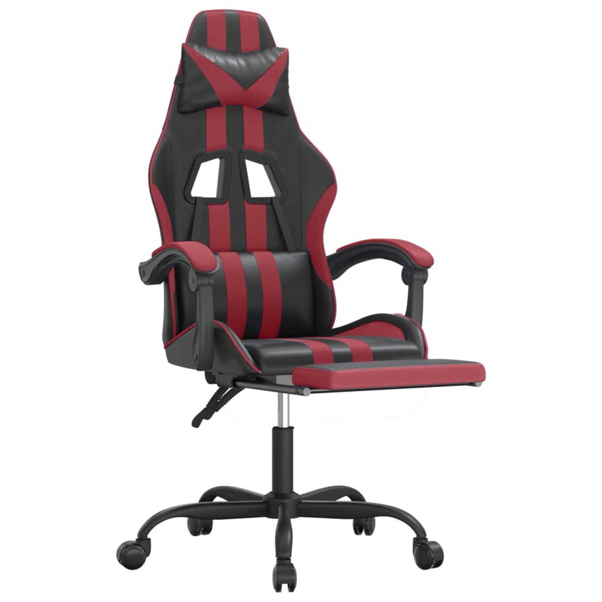 Schwarzer, roter Gaming-Stuhl mit Fußstütze und verstellbarer Kopfstütze auf weißem Hintergrund.