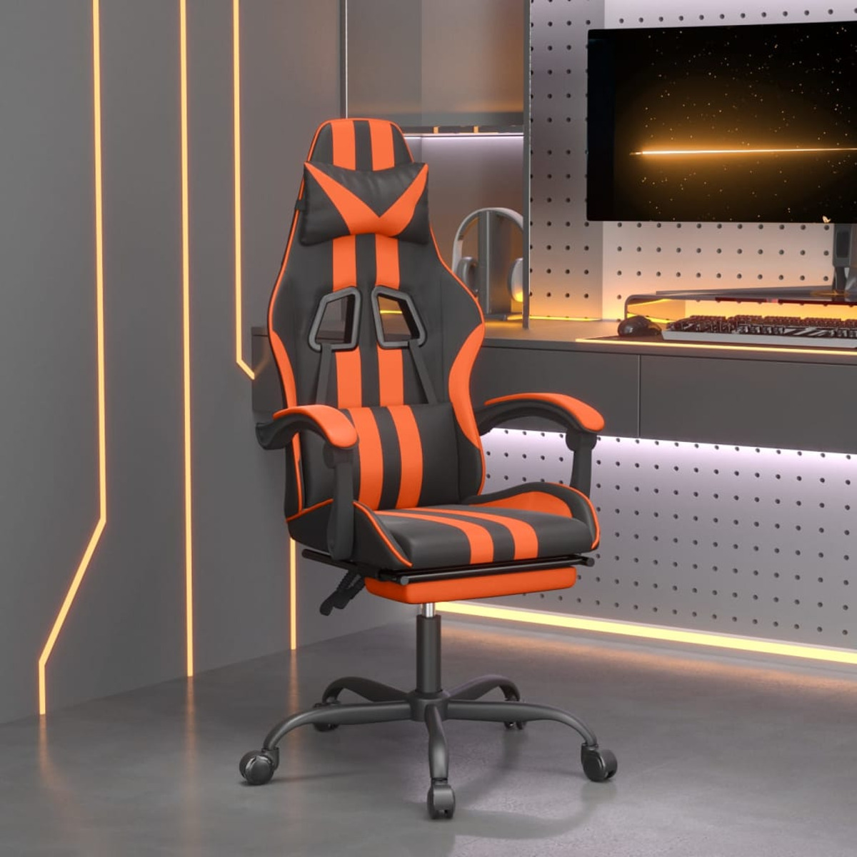 Orangener und schwarzer Gaming-Stuhl in einem modernen Raum. Hoher Rücken und Räder.
