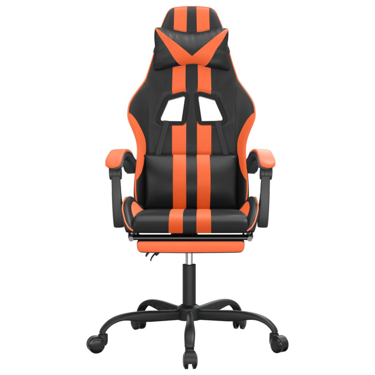 Ein Gaming-Stuhl mit orange-schwarzem Design. Er hat Armlehnen und eine Fußstütze.