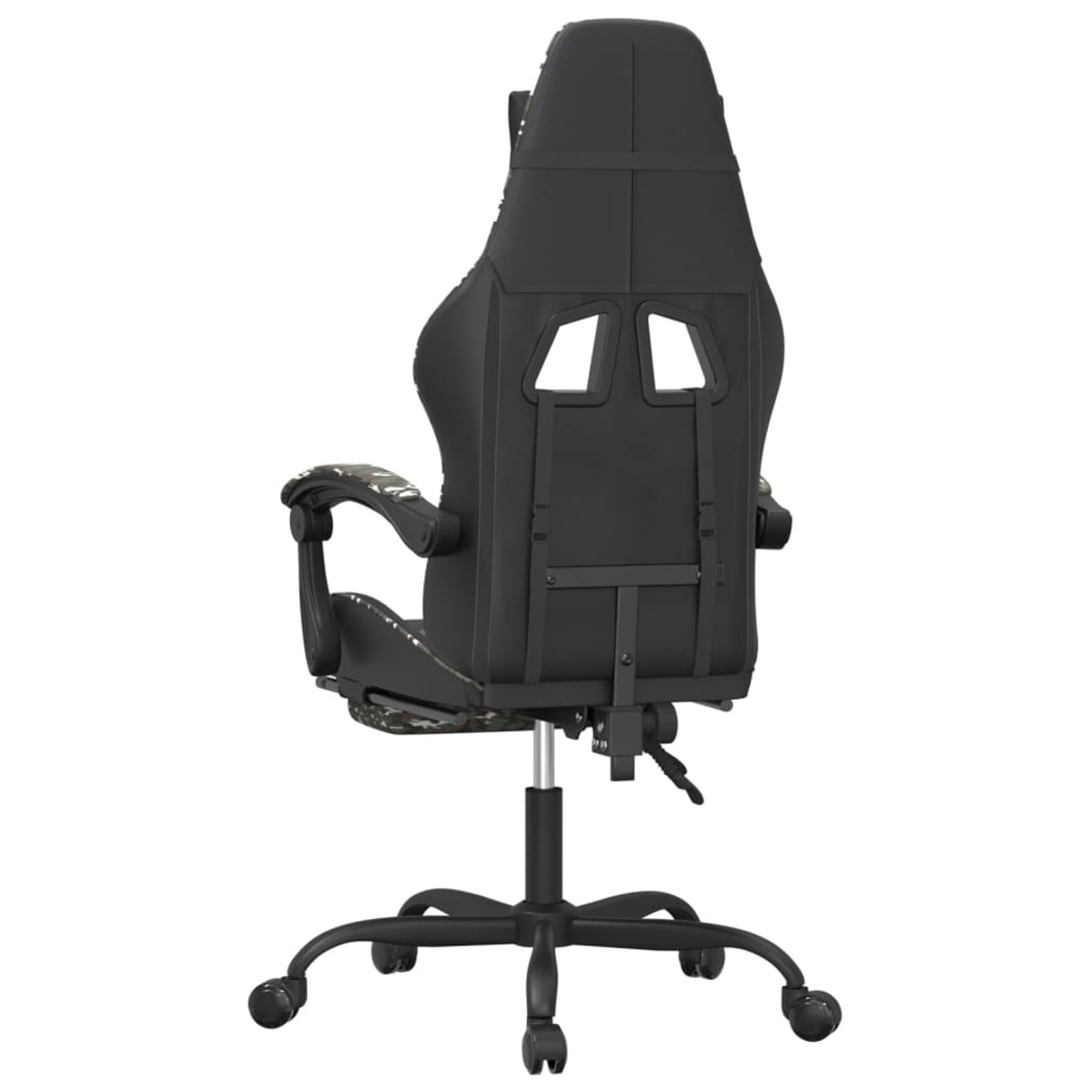Die Rückseite eines schwarzen Gaming-Stuhls, die das Design der Rückenlehne und die Basis auf weißem Hintergrund zeigt.