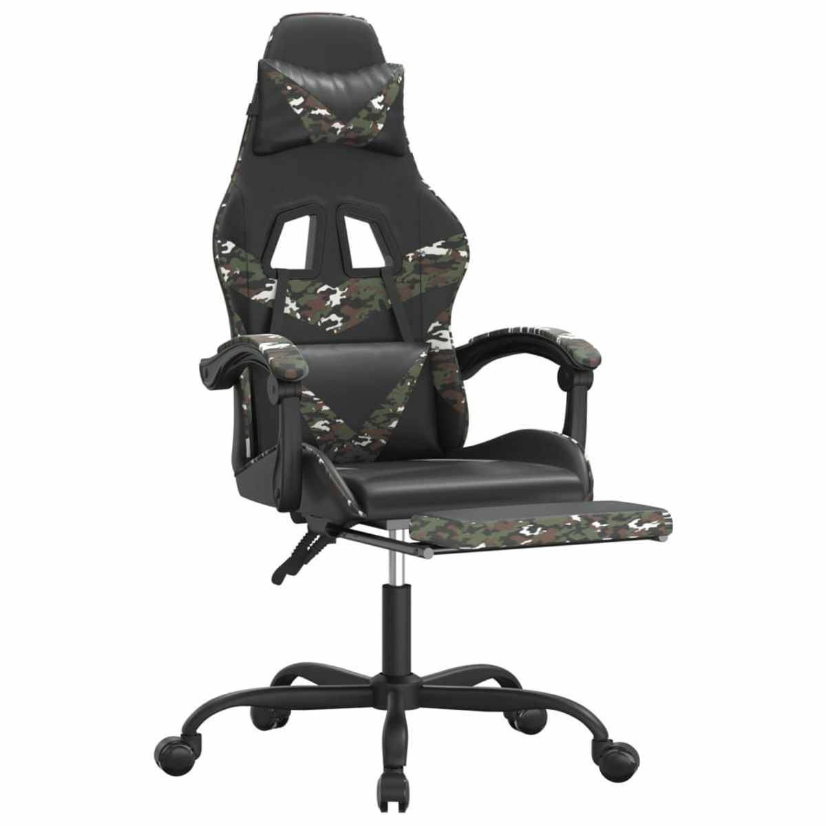 Ein Gaming-Stuhl mit Tarnmuster und Fußstütze.  Der Stuhl steht auf einem weißen Hintergrund.